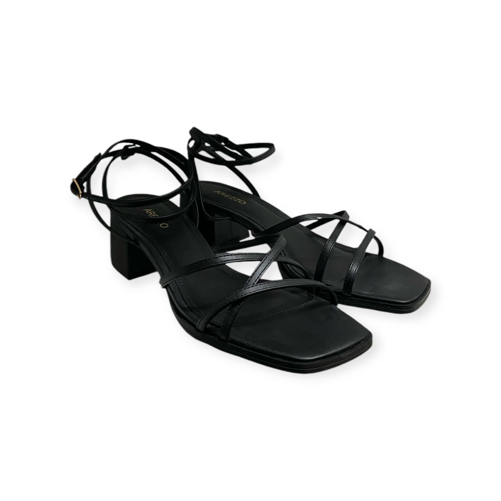 Sandalia Feminina Arezzo Couro Tiras Salto Baixo Bloco Preto Preto 2