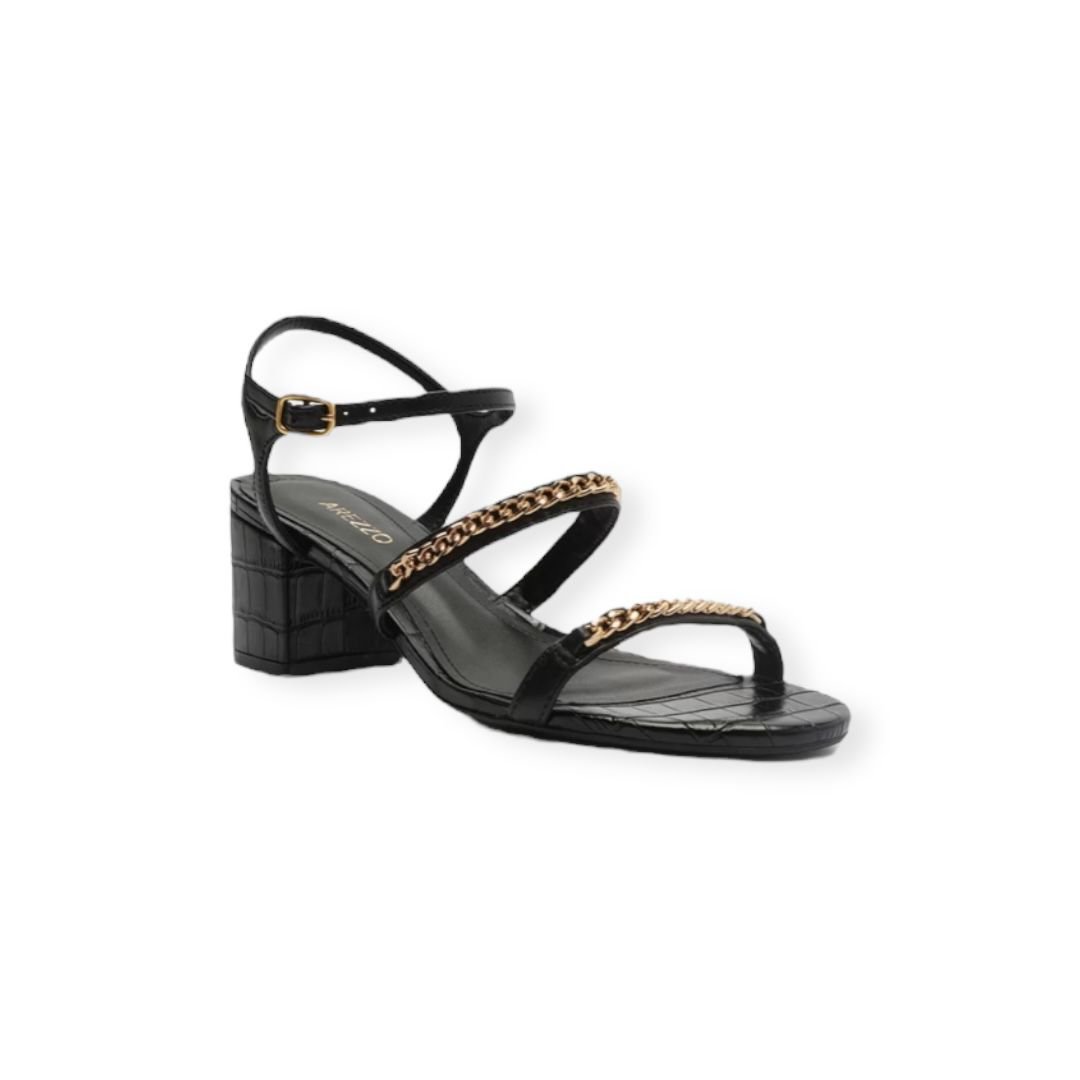 Sandalia Croco Salto Medio Bloco Tiras Corrente Arezzo Feminino Preto Preto 2