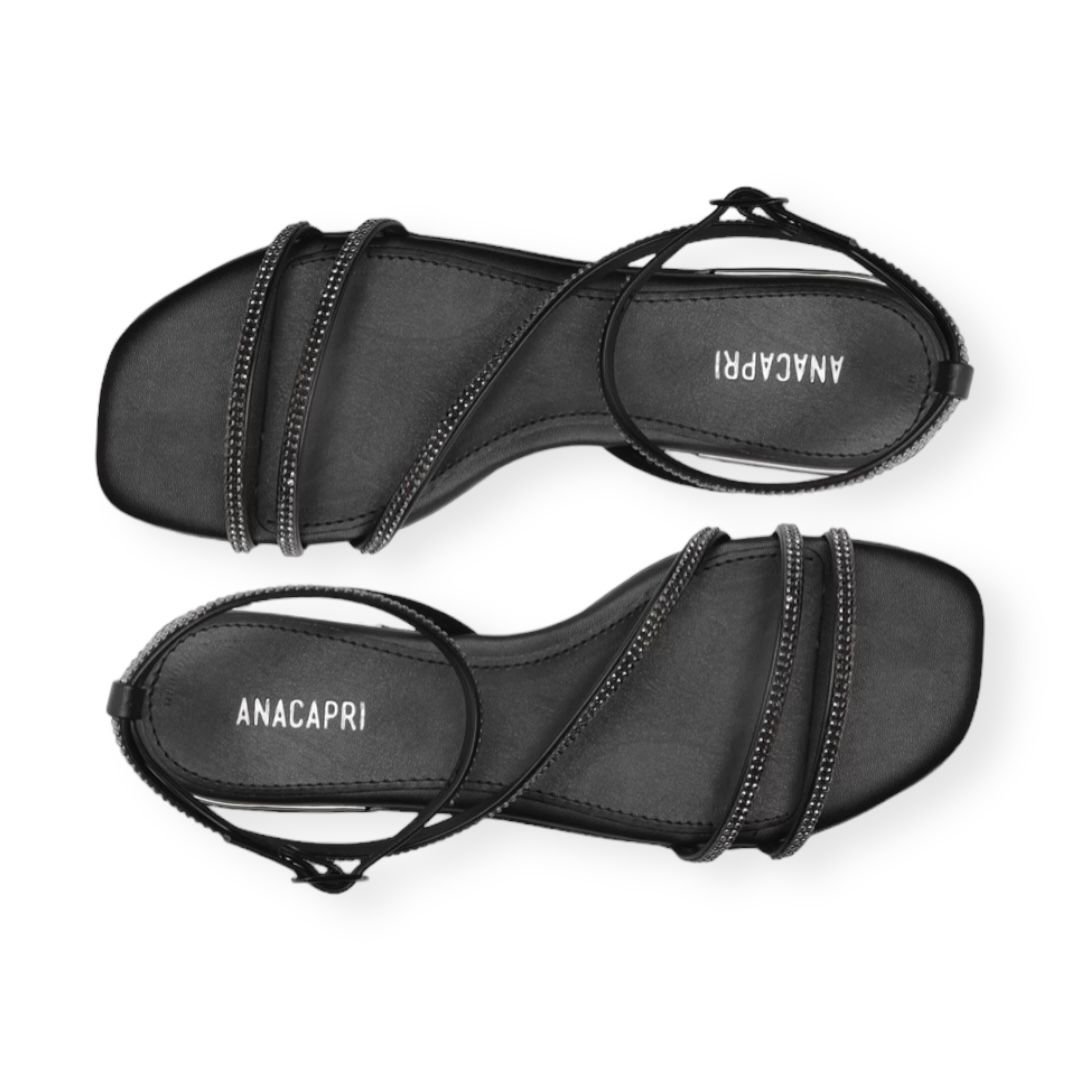 Sandalia Rasteira Tiras Finas Strass Anacapri Feminino Preto Preto 4