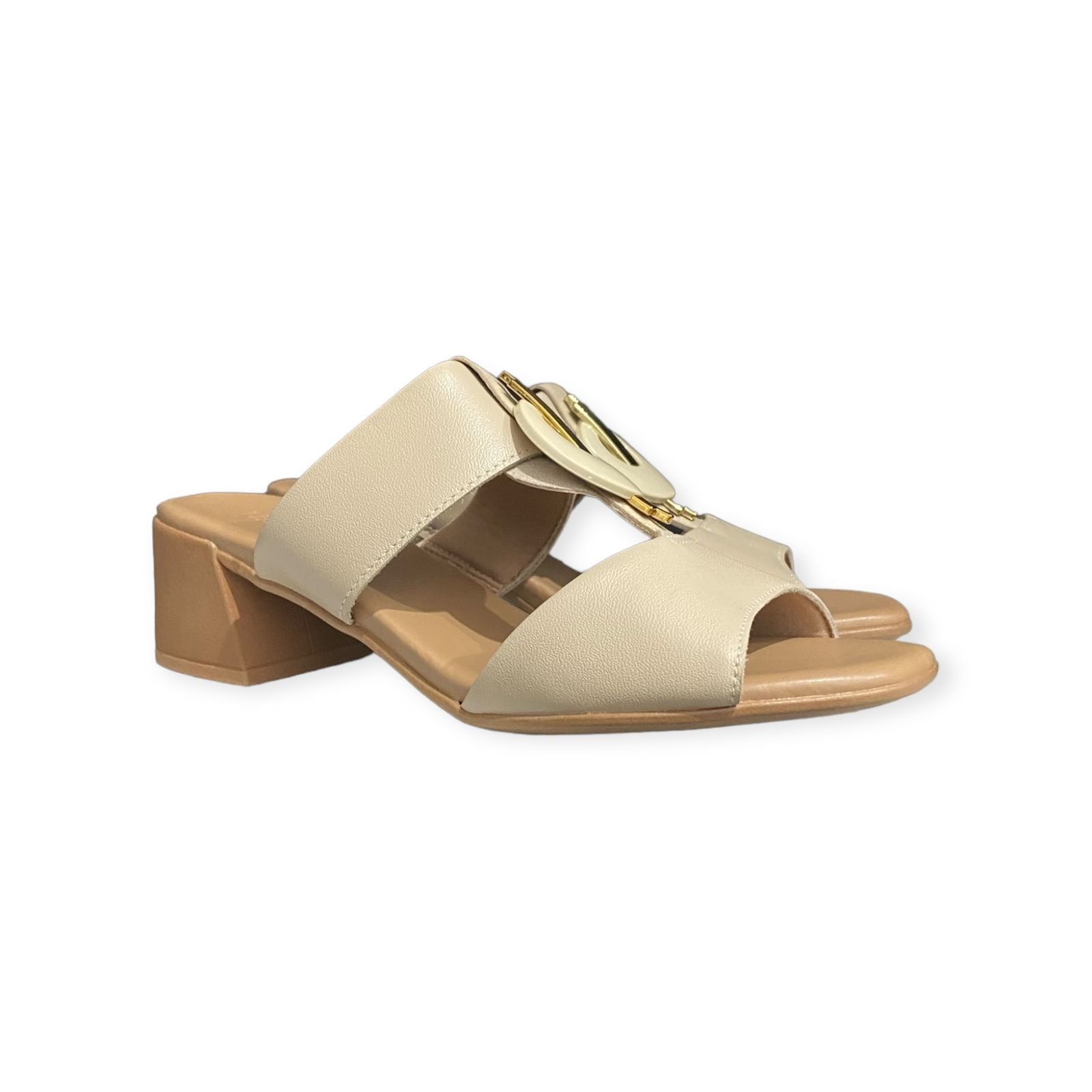 Tamanco Salto Bloco Couro Usaflex Feminino Creme Bege 2