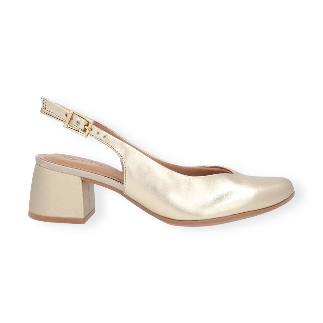 Sandalia Feminina Usaflex Couro Salto Baixo Bloco Dourado