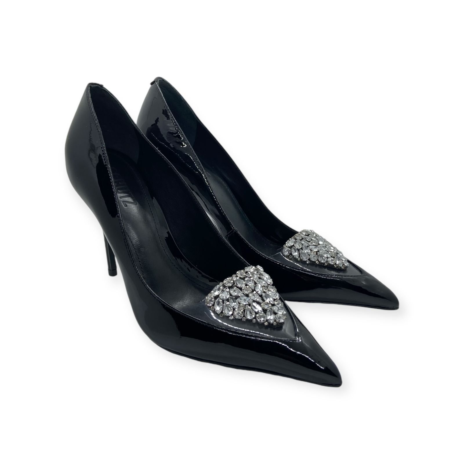 Scarpin Feminino Schutz Verniz Gáspea Transparente Pedrarias Salto Alto Fino Preto Preto 2