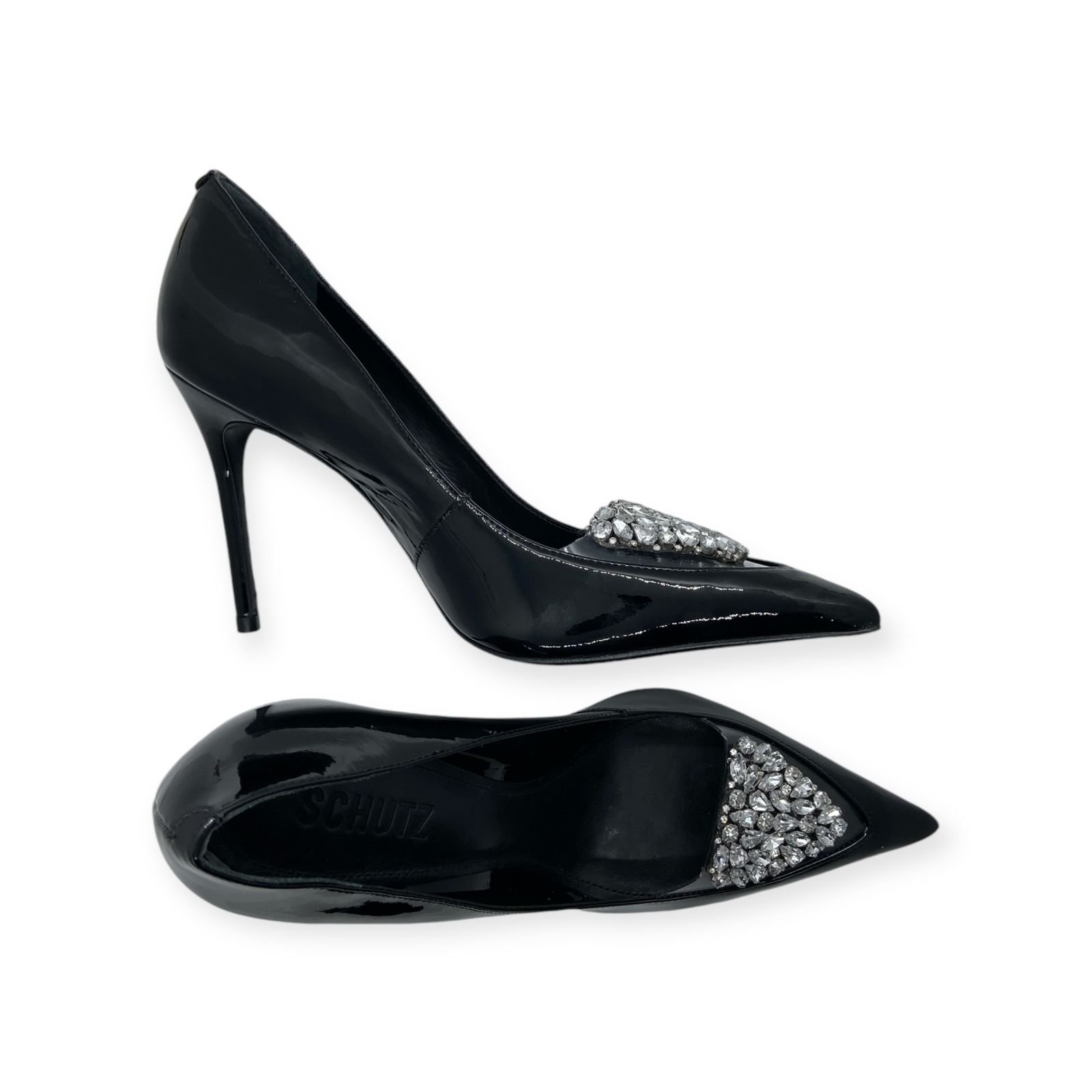Scarpin Feminino Schutz Verniz Gáspea Transparente Pedrarias Salto Alto Fino Preto Preto 4
