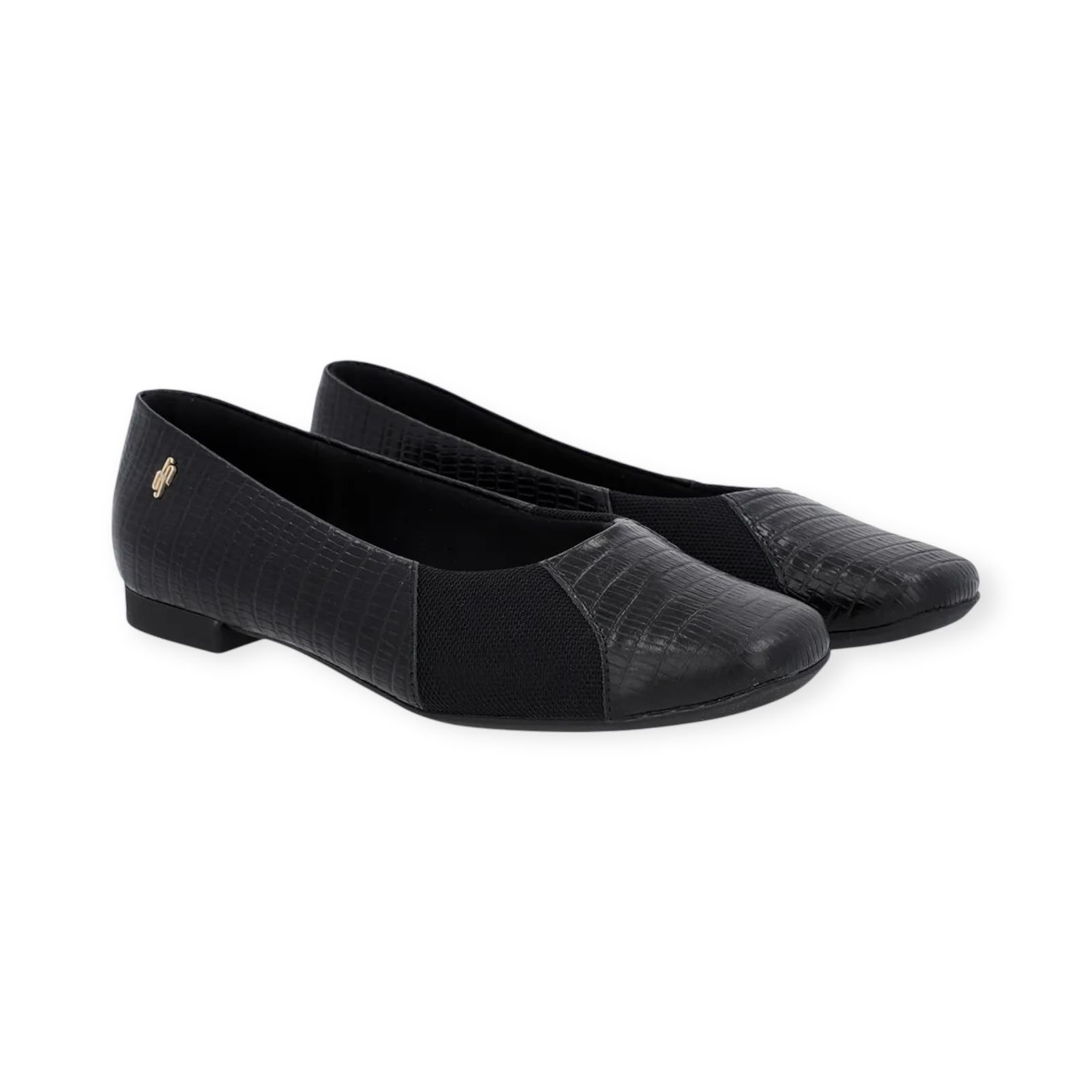 Sapatilha Feminina Usaflex Couro Croco Bico Quadrado Preto Preto 2