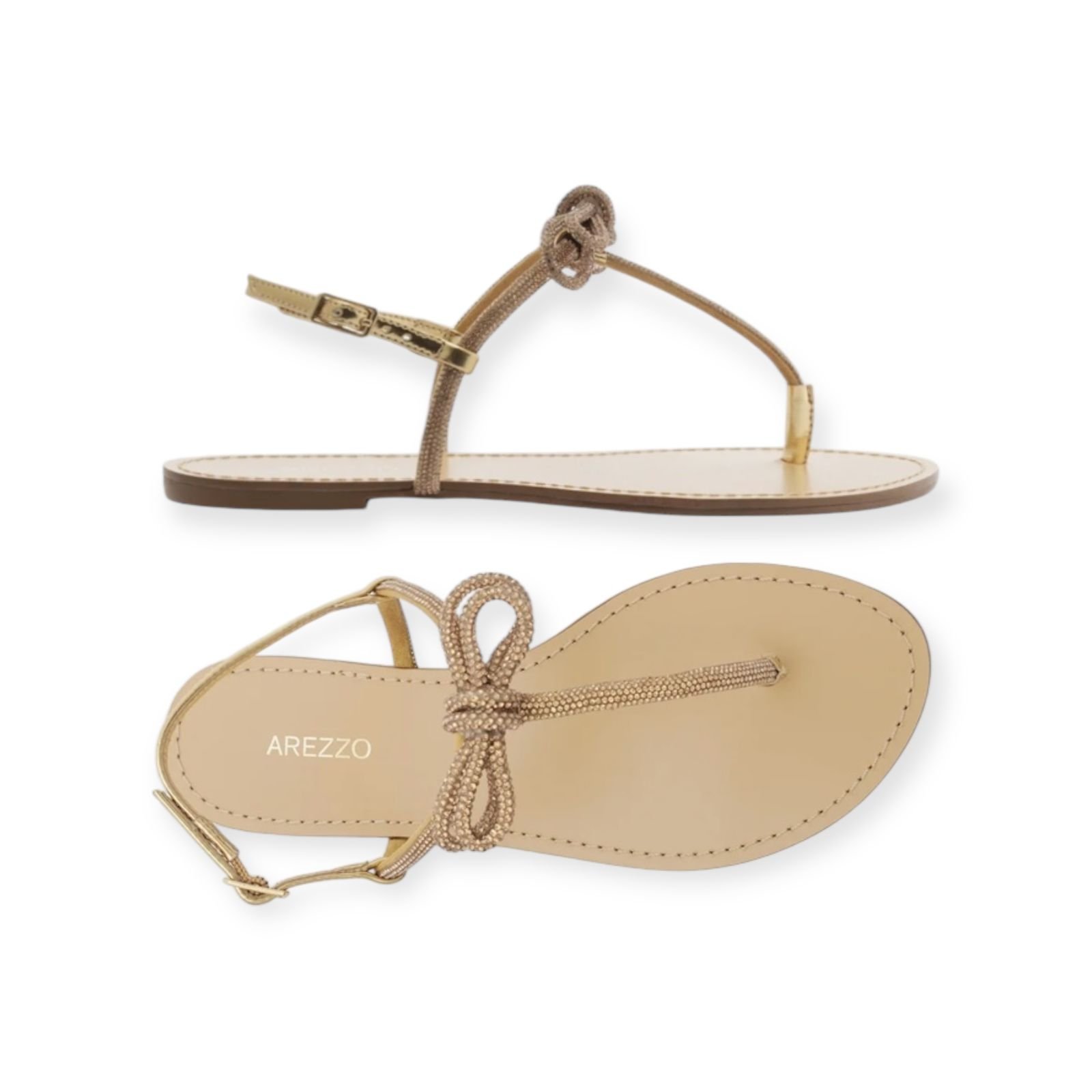 Sandalia Rasteira Feminina Arezzo Slim Tiras Laço Strass Dourado Dourado 3