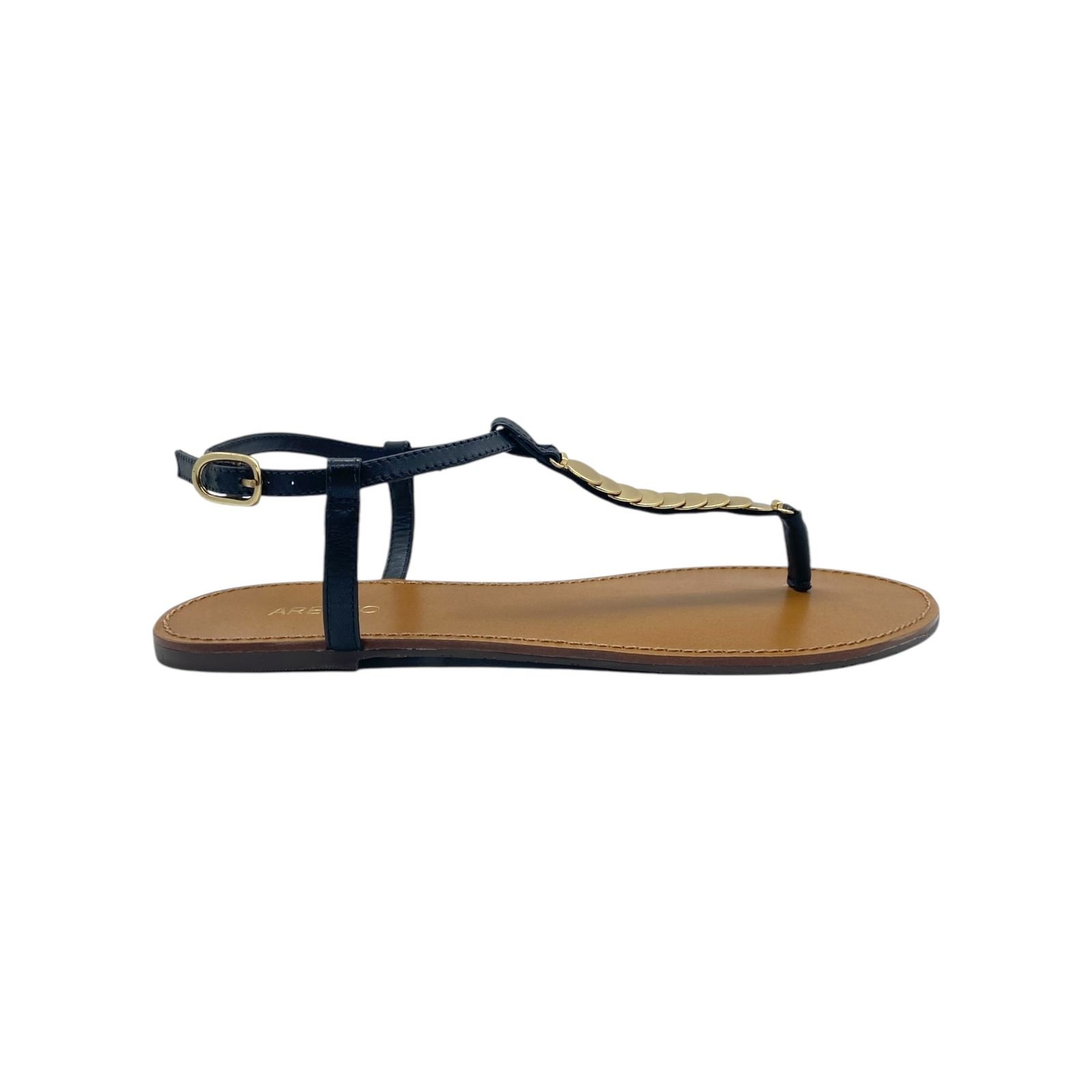Sandalia Rasteira Feminina Arezzo Couro Slim Tira Metais Preto