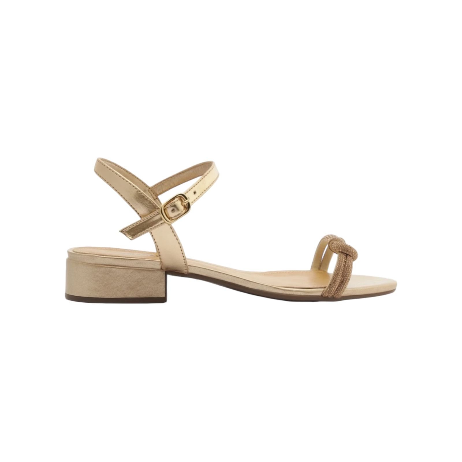 Sandalia Feminina Anacapri Tira Nó Glam Strass Salto Bloco Dourado