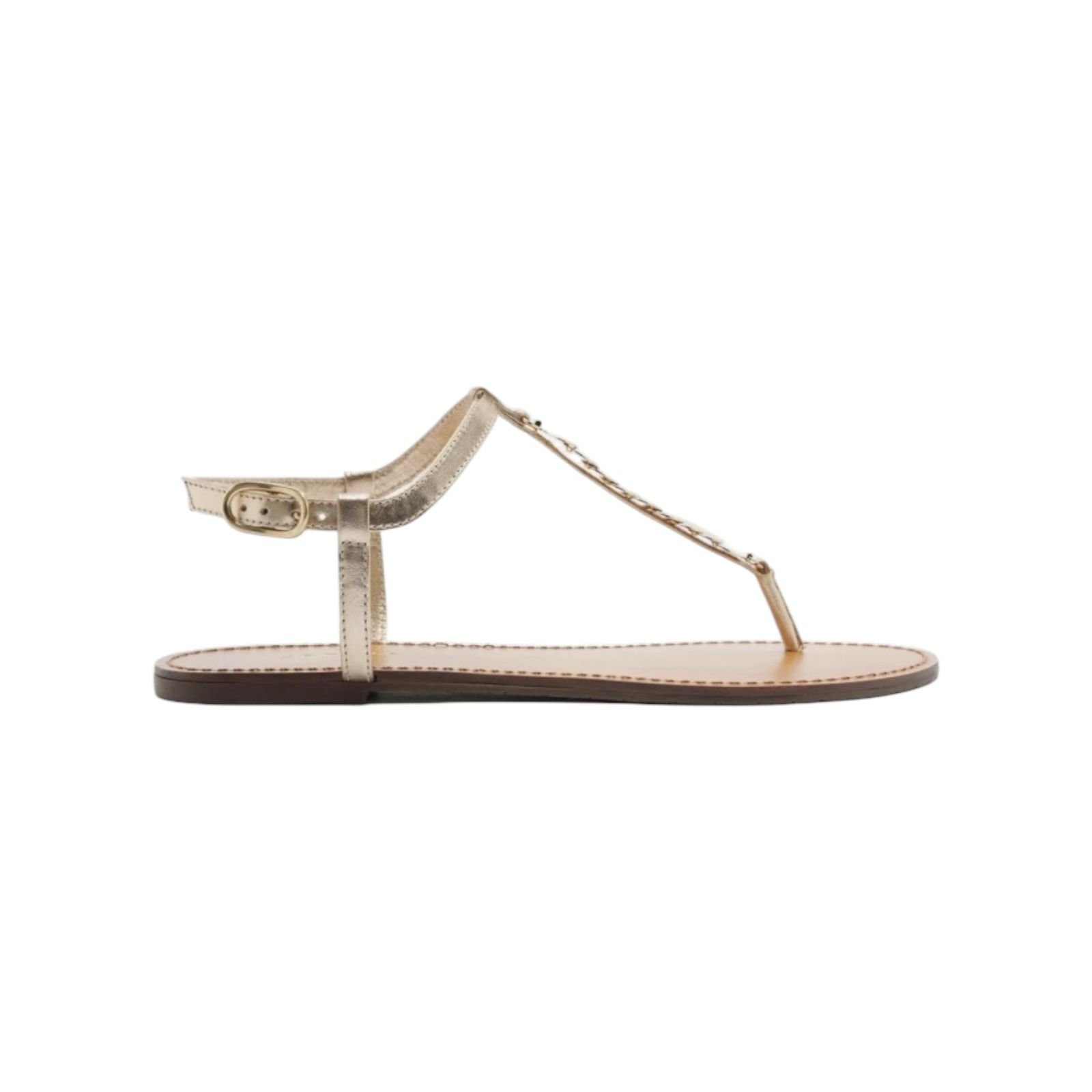 Sandalia Rasteira Feminina Arezzo Couro Slim Tira Metais Dourado