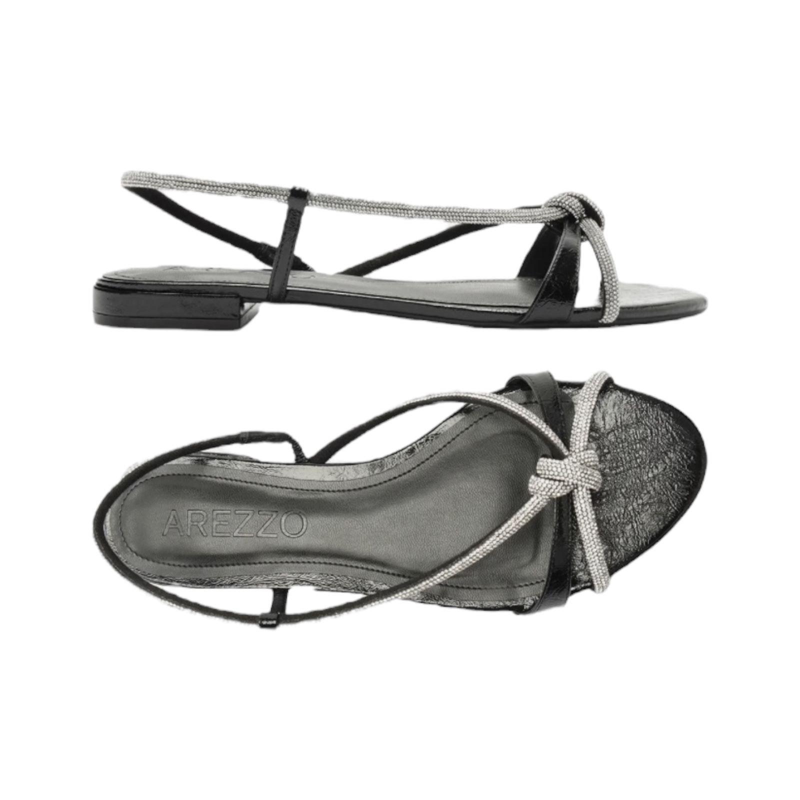 Sandalia Rasteira Feminina Arezzo Cristal Tiras Strass Preto Preto 3