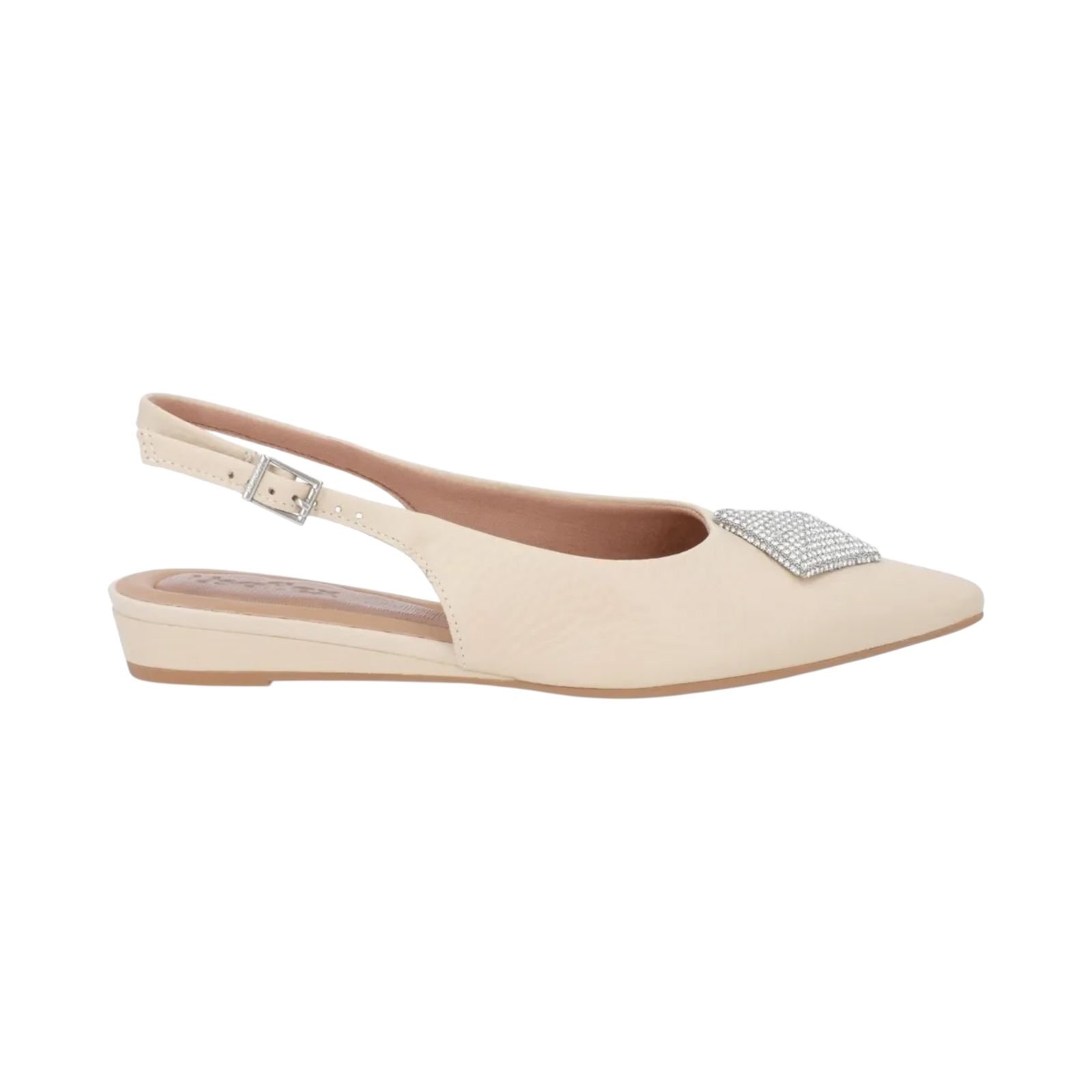 Sapatilha Feminina Usaflex Couro Slingback Enfeite Strass Bico Fino Creme