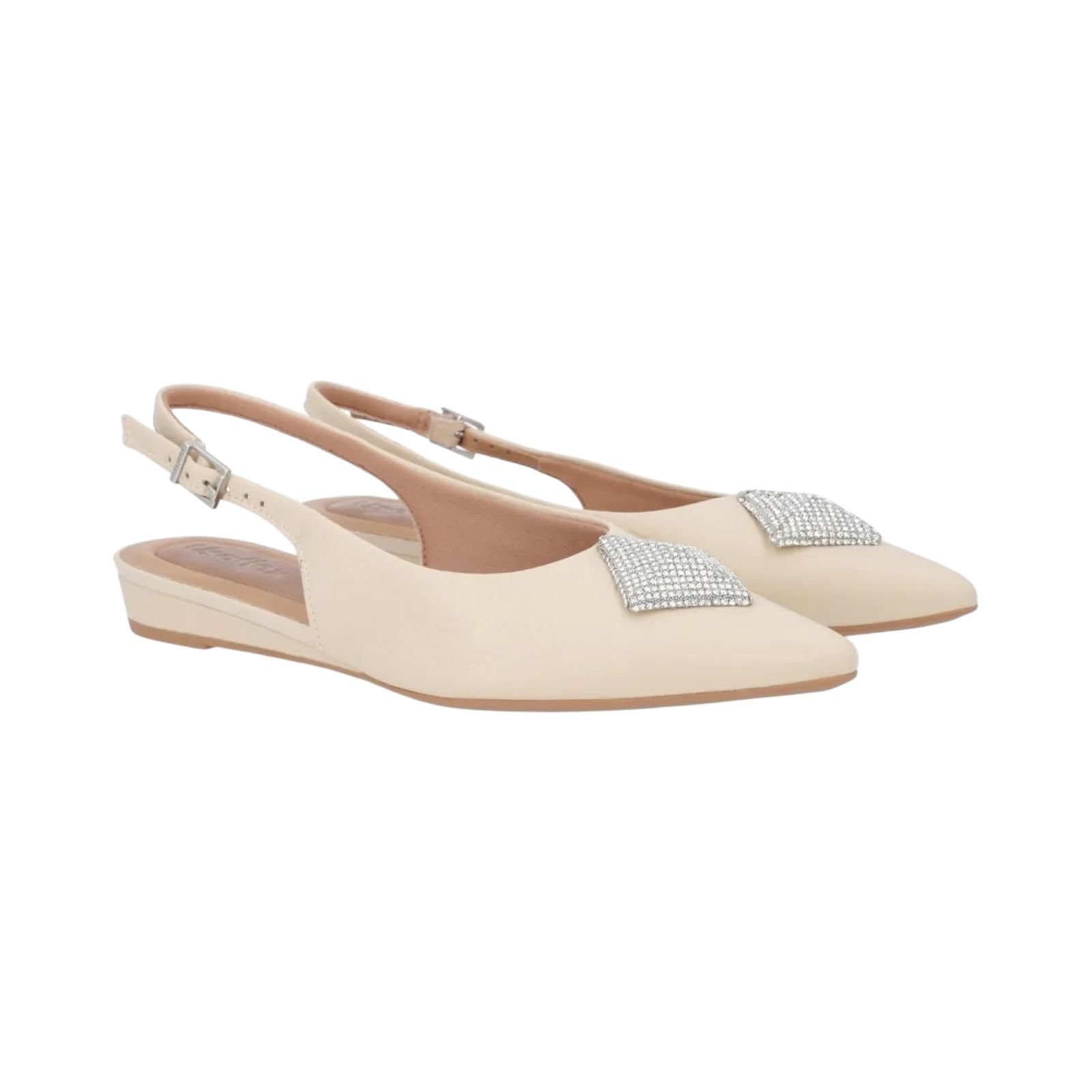 Sapatilha Feminina Usaflex Couro Slingback Enfeite Strass Bico Fino Creme Creme 2