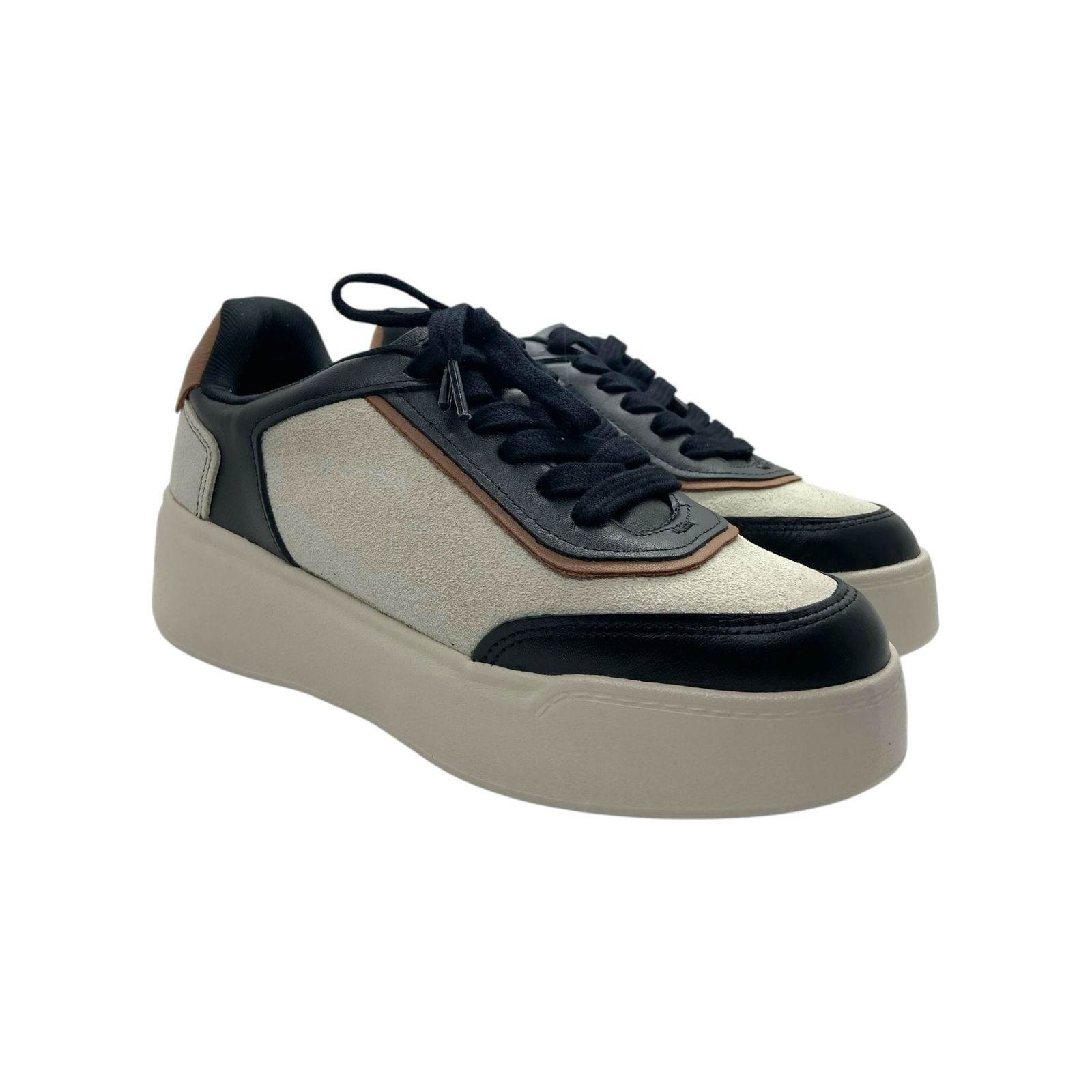 Tenis Feminino Usaflex Couro Casual Cadarço Sola Alta Preto Branco/Preto 2