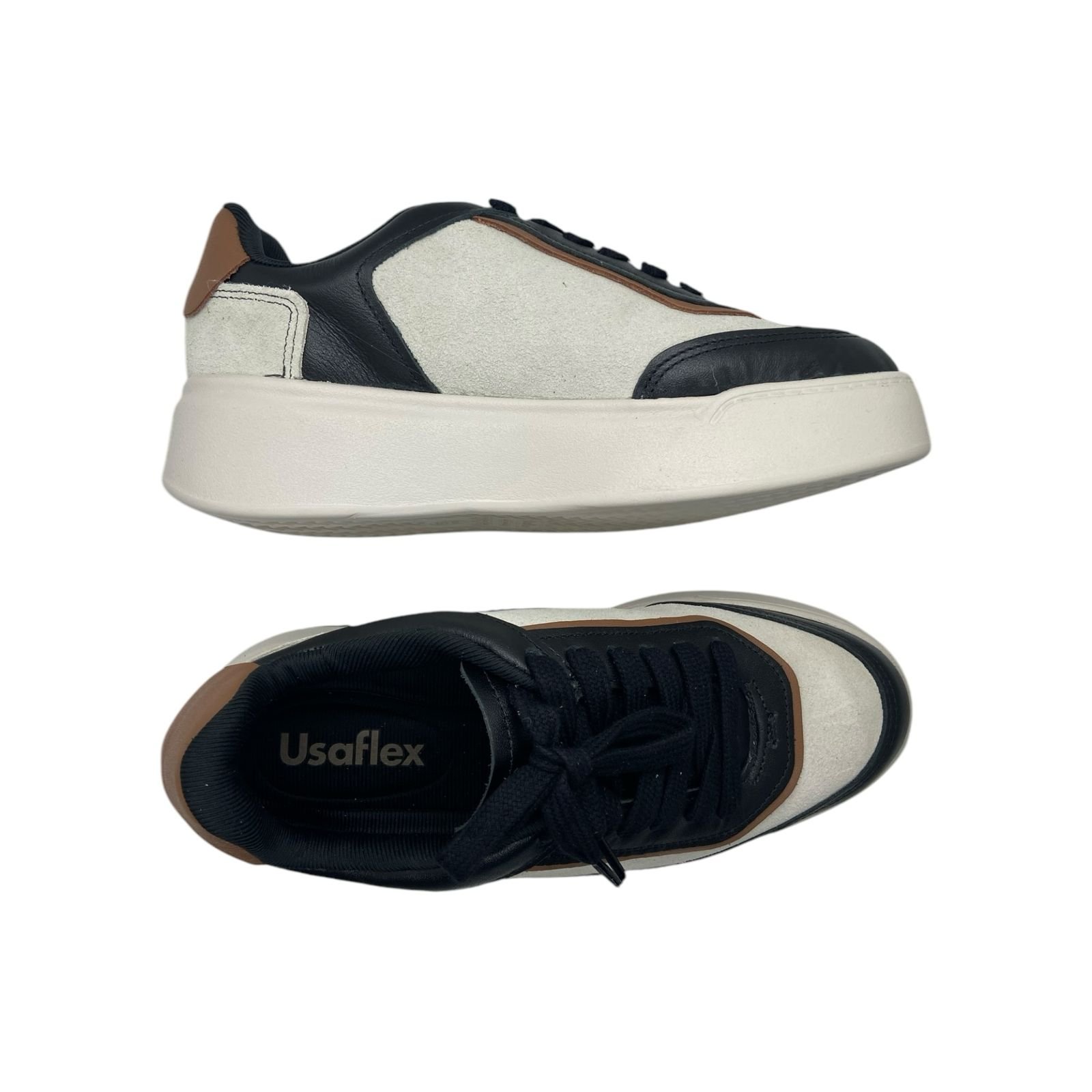 Tenis Feminino Usaflex Couro Casual Cadarço Sola Alta Preto Branco/Preto 4