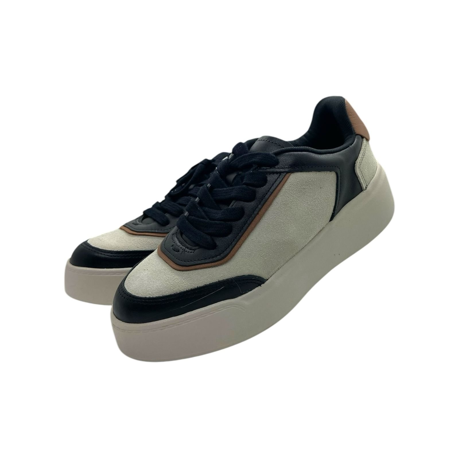 Tenis Feminino Usaflex Couro Casual Cadarço Sola Alta Preto Branco/Preto 5