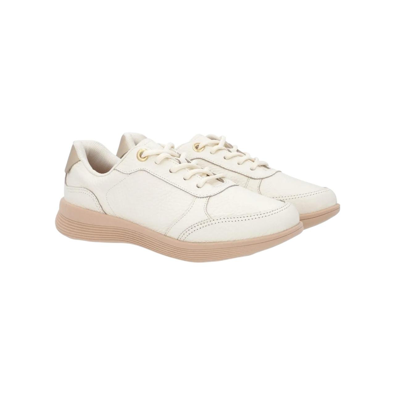 Tenis Feminino Usaflex Couro Casual Cadarço Creme Creme 2