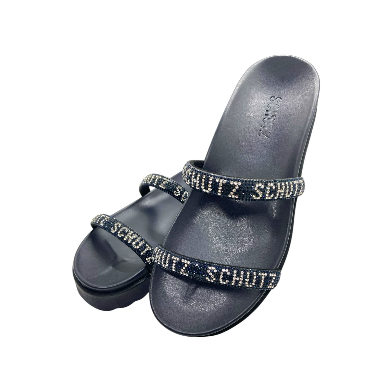 Sandalia Papete Feminina Schutz Tiras Strass Azul Azul 4