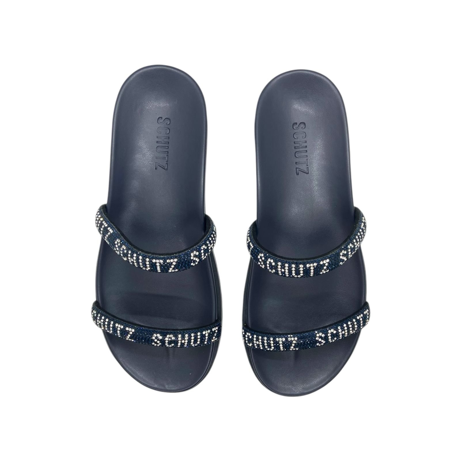 Sandalia Papete Feminina Schutz Tiras Strass Azul Azul 5