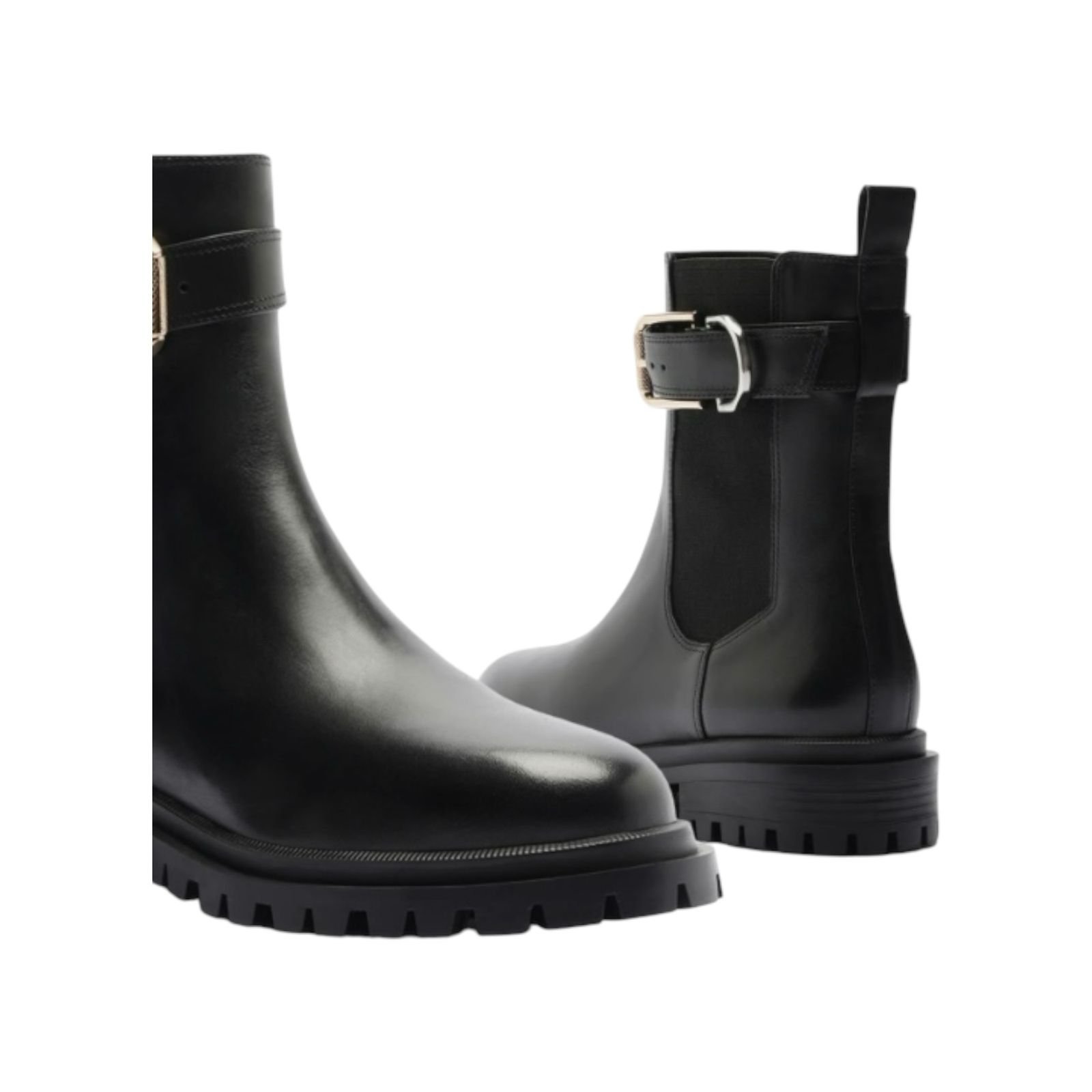 Bota Feminina Arezzo Couro Cano Medio Elastico Tratorada Fivela Preto Preto 4