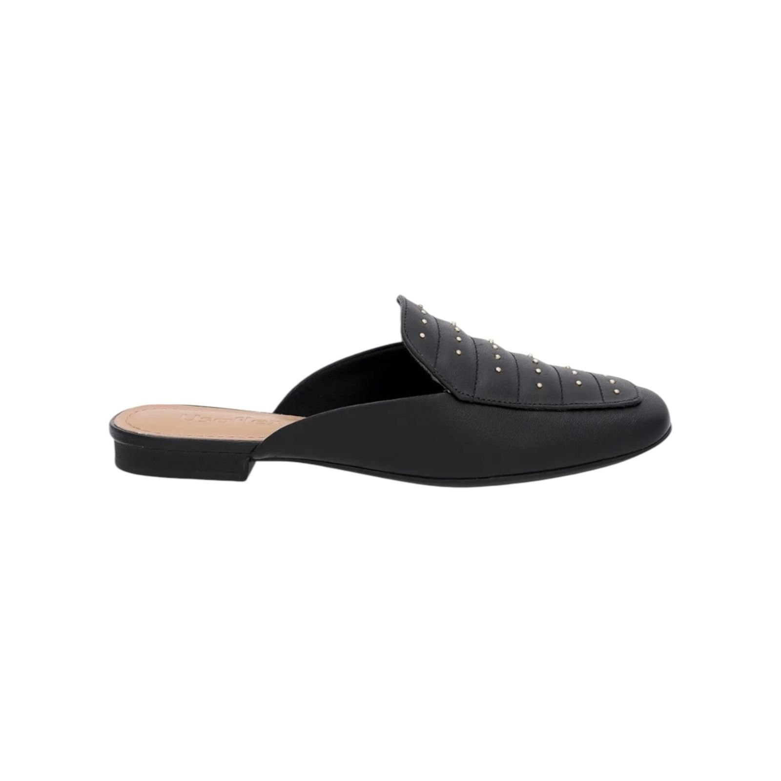 Mule Feminino Usaflex Couro Costura Enfeite Salto Baixo Preto