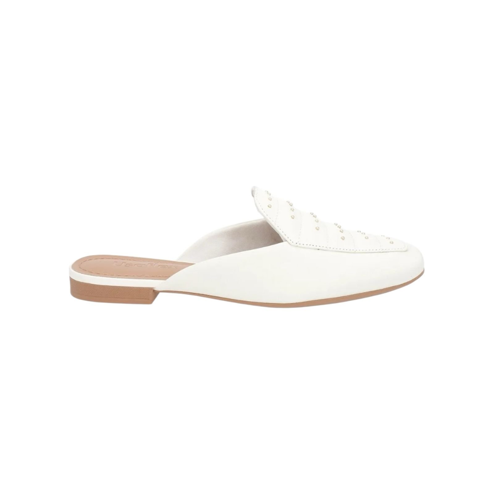 Mule Feminino Usaflex Couro Costura Enfeite Salto Baixo Creme