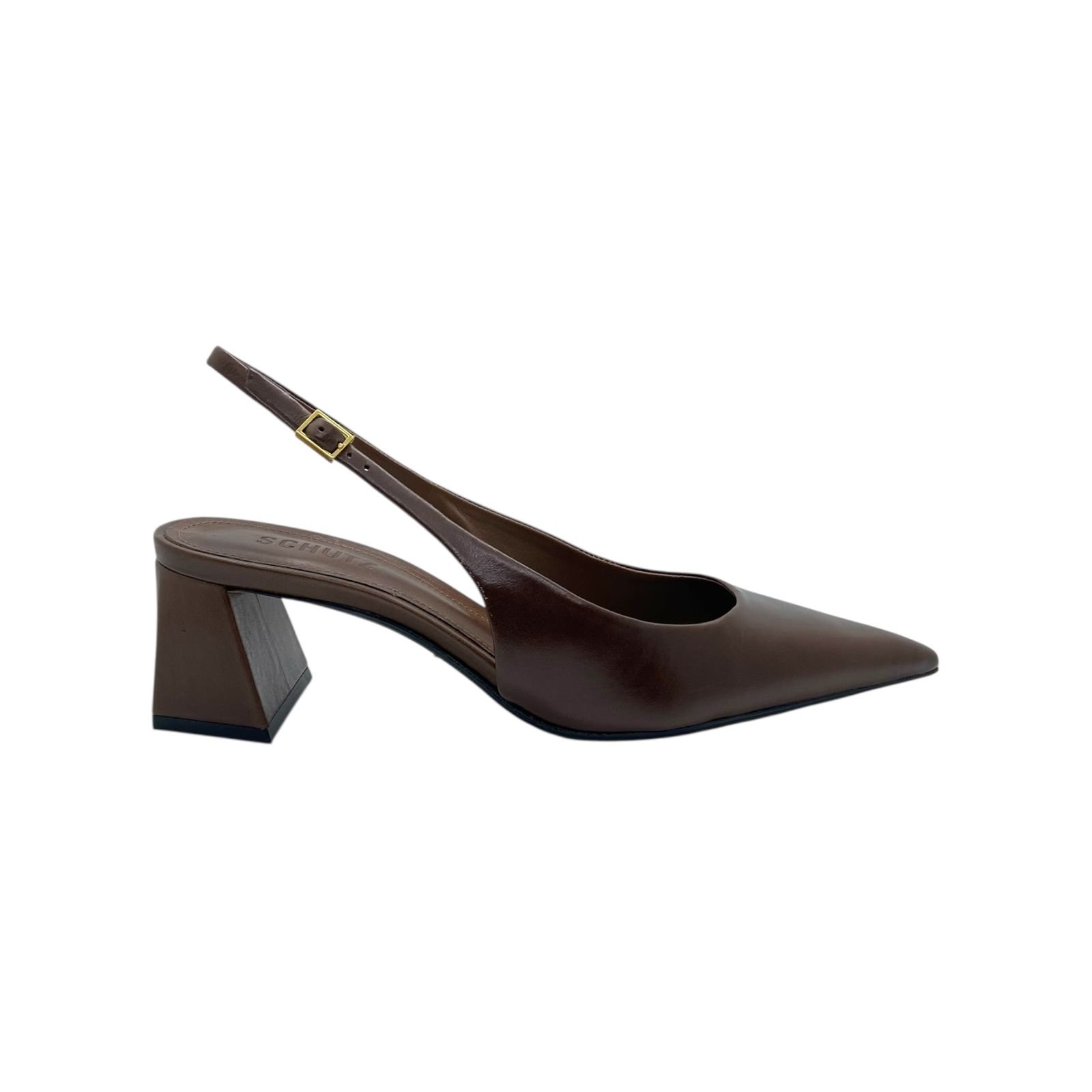 Scarpin Feminino Schutz Couro Slingback Salto Médio Bloco Marrom