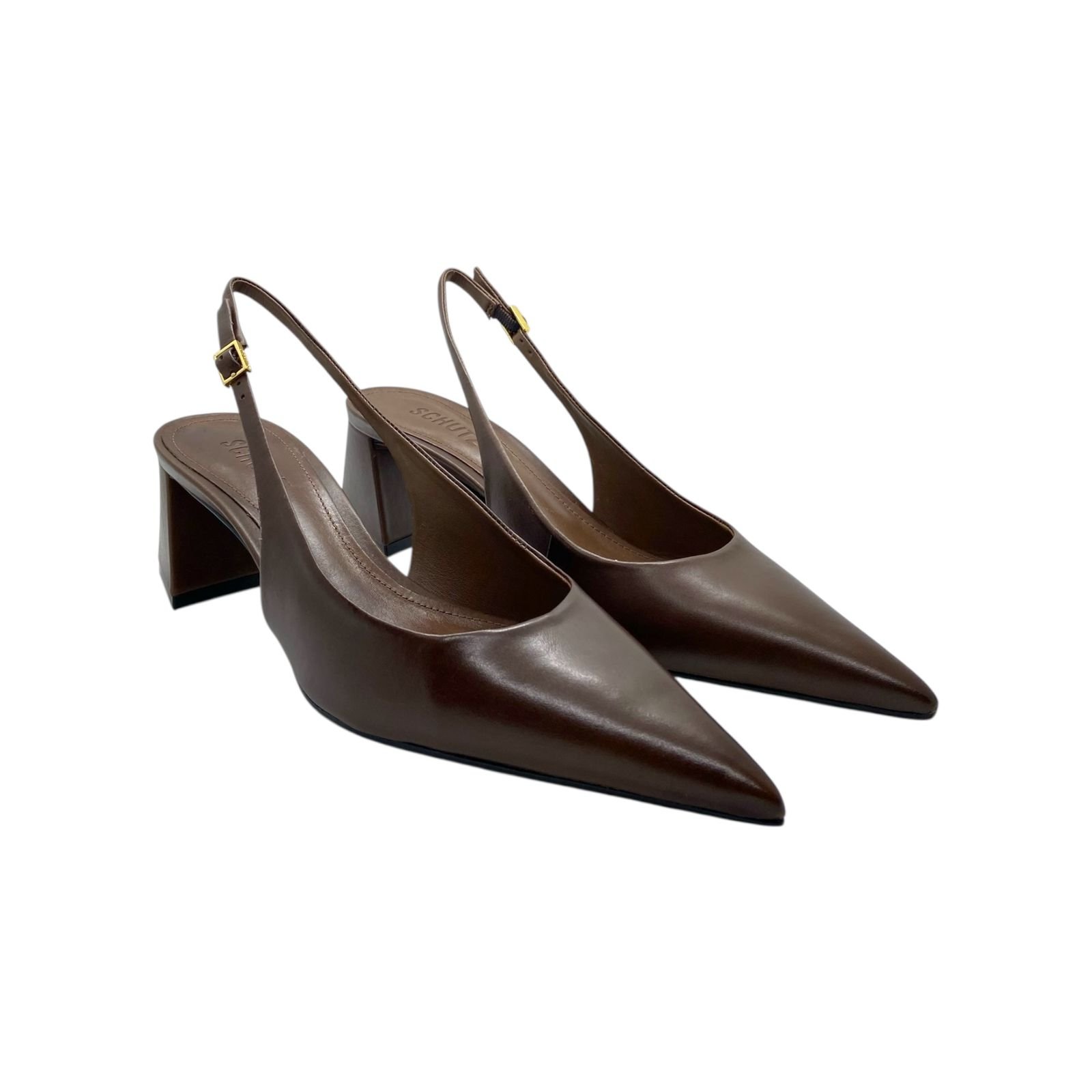 Scarpin Feminino Schutz Couro Slingback Salto Médio Bloco Marrom Marrom 2