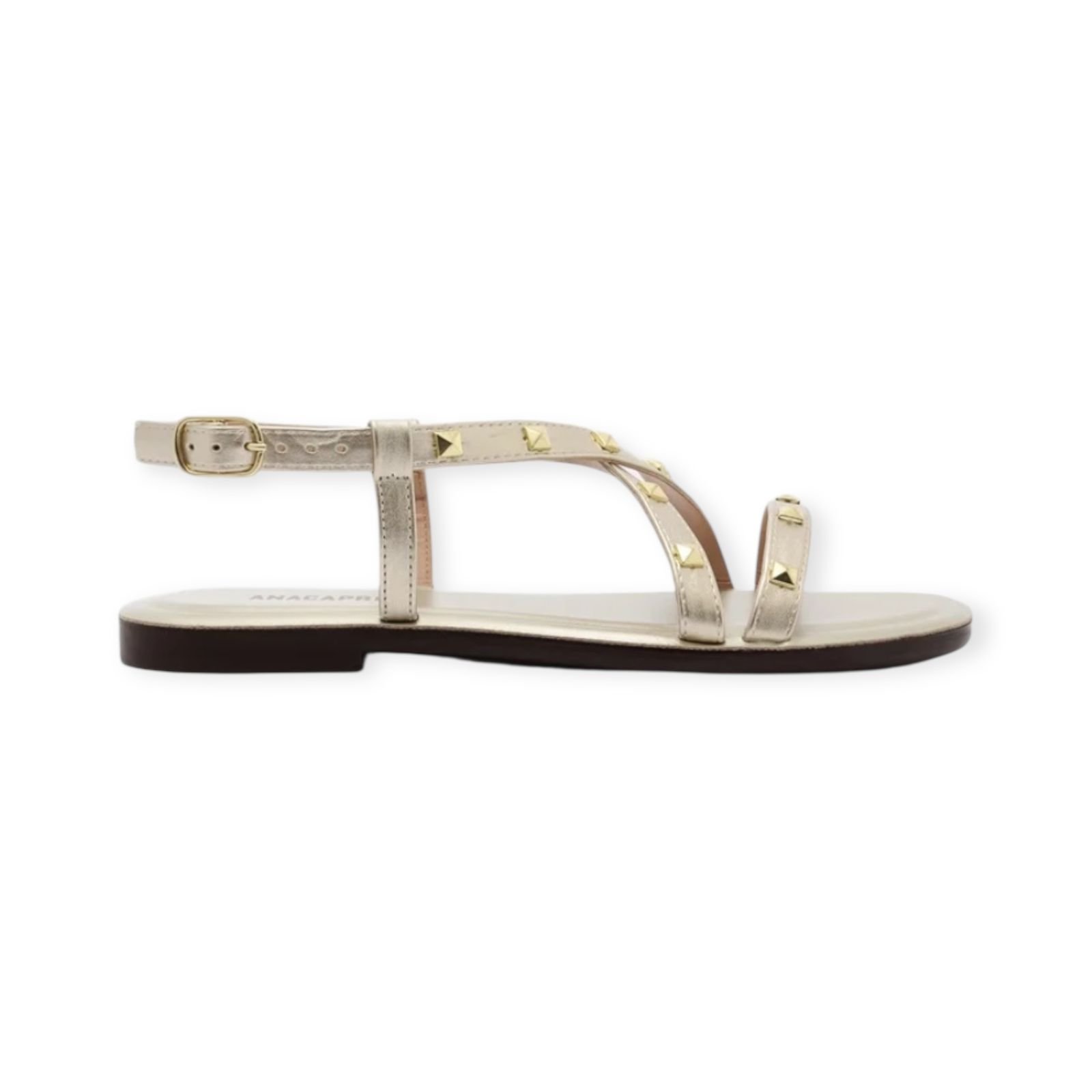 Sandália Rasteira Feminina Anacapri Tiras Cruzadas Tachas Dourada