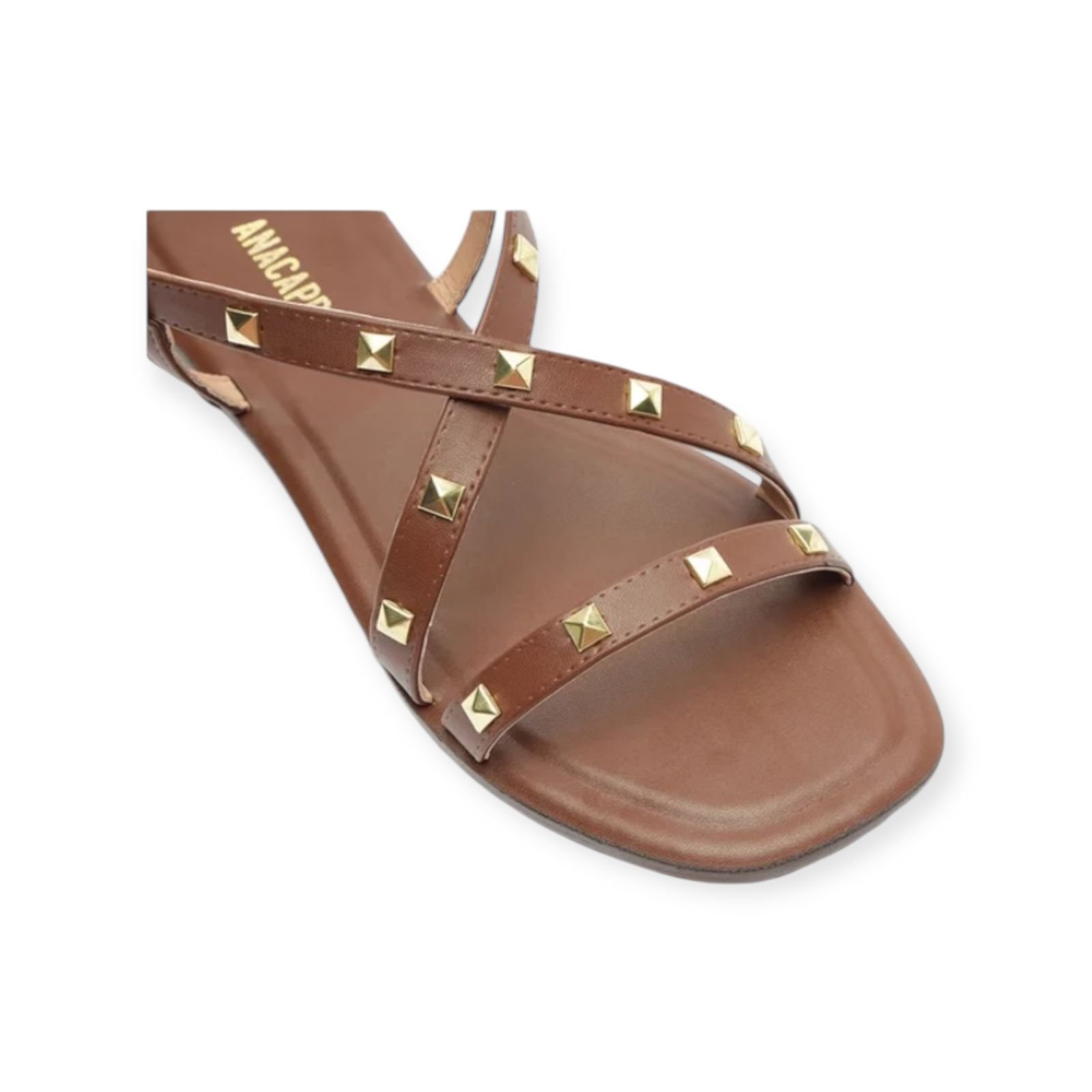 Sandália Rasteira Feminina Anacapri Tiras Cruzadas Tachas Marrom Marrom 3