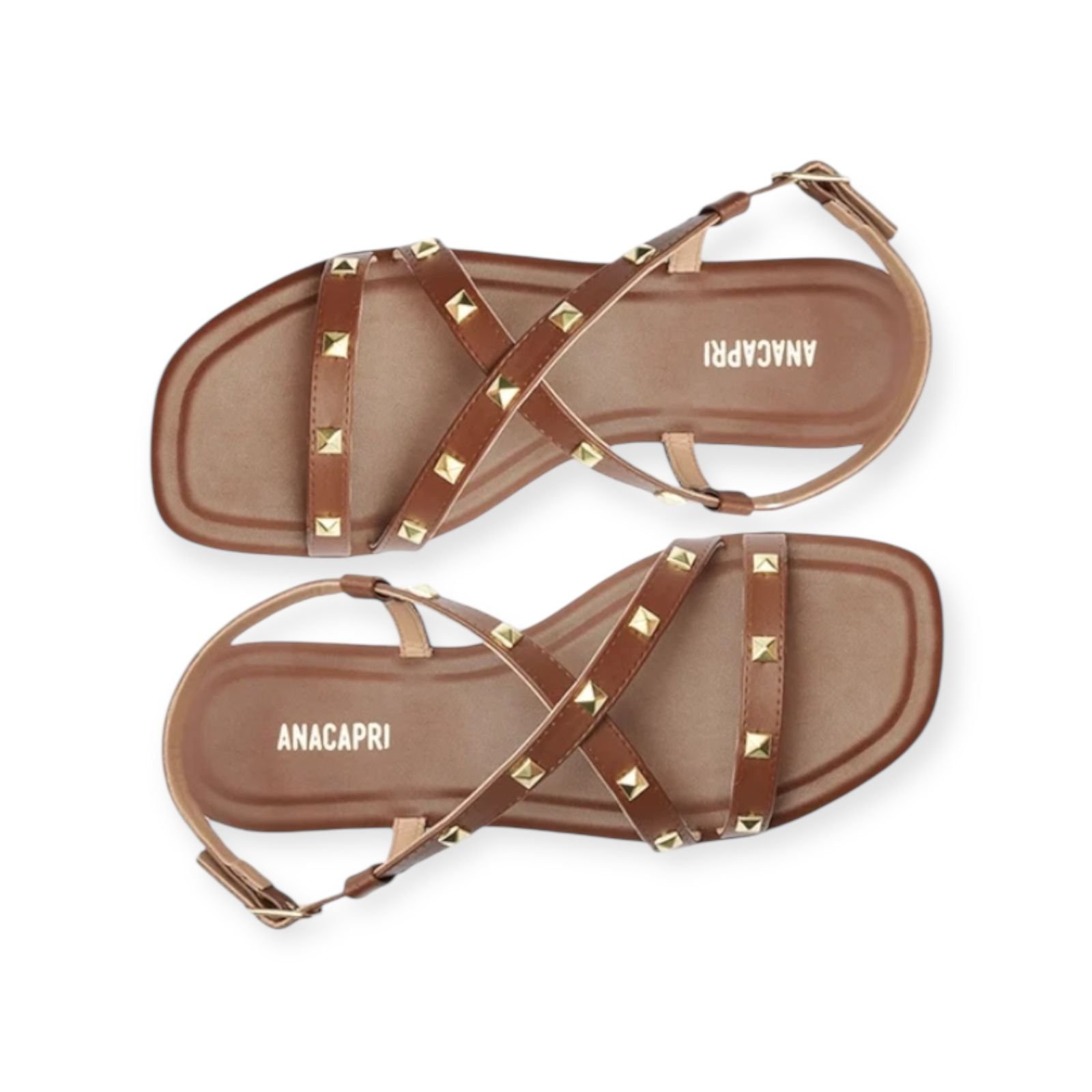Sandália Rasteira Feminina Anacapri Tiras Cruzadas Tachas Marrom Marrom 4