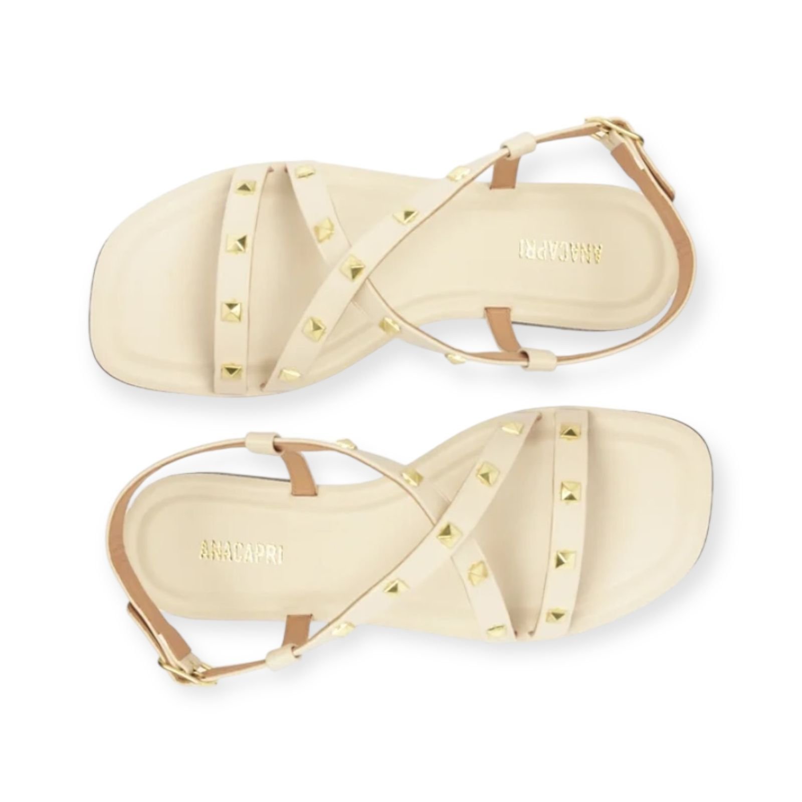 Sandália Rasteira Feminina Anacapri Tiras Cruzadas Tachas Creme Bege 4