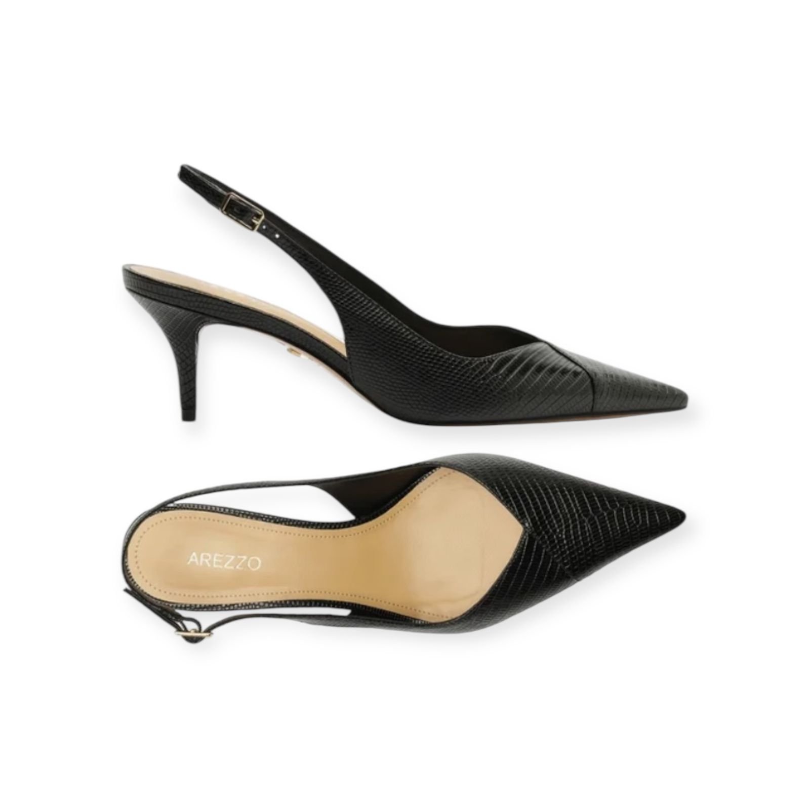Scarpin Feminino Arezzo Lizard Kitten Slingback Salto Medio Preto Preto 3