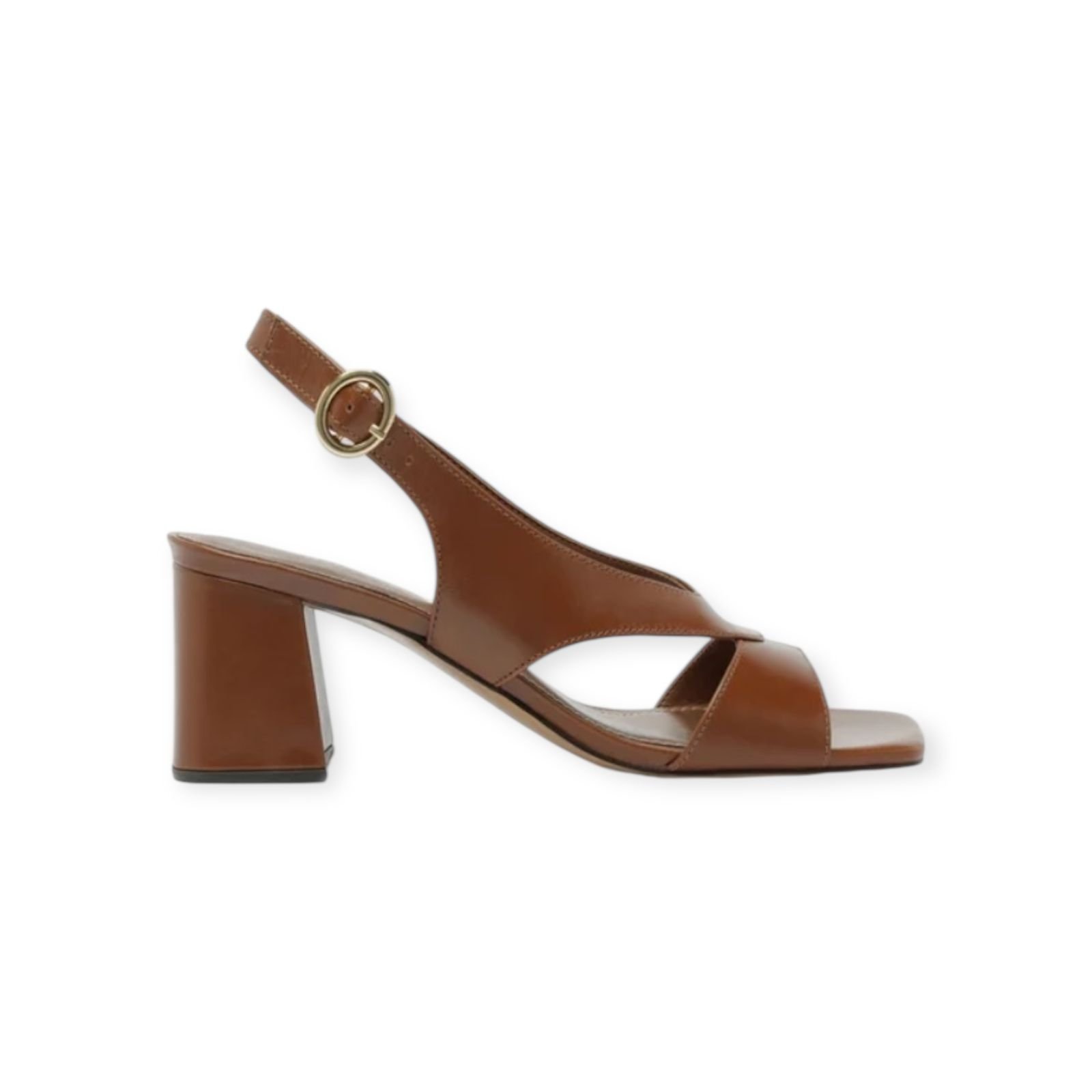 Sandália Feminina Arezzo Couro Slingback Tiras Salto Bloco Caramelo