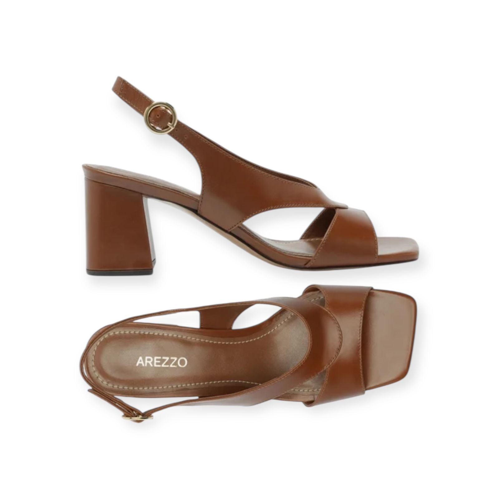 Sandália Feminina Arezzo Couro Slingback Tiras Salto Bloco Caramelo Caramelo 3