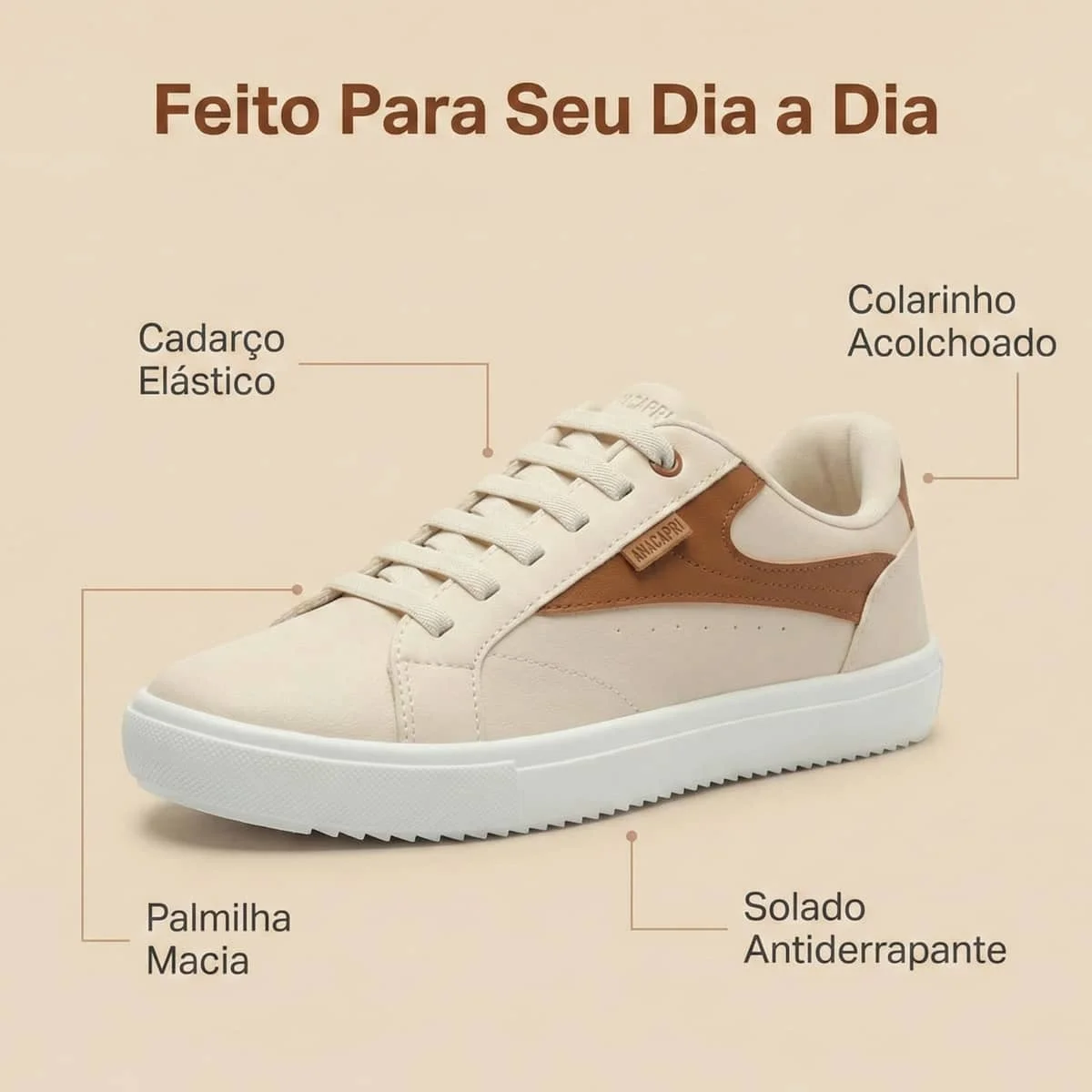 Tênis Feminino Anacapri Conforto Cadarço Elástico C3053700110005 Creme Bege 3