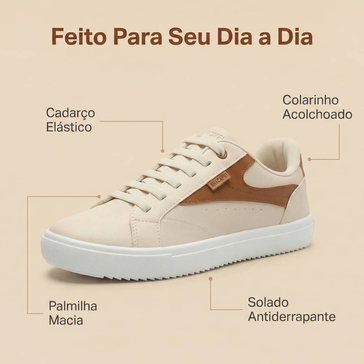 Tênis Feminino Anacapri Conforto Cadarço Elástico C3053700110005 Creme Bege 3