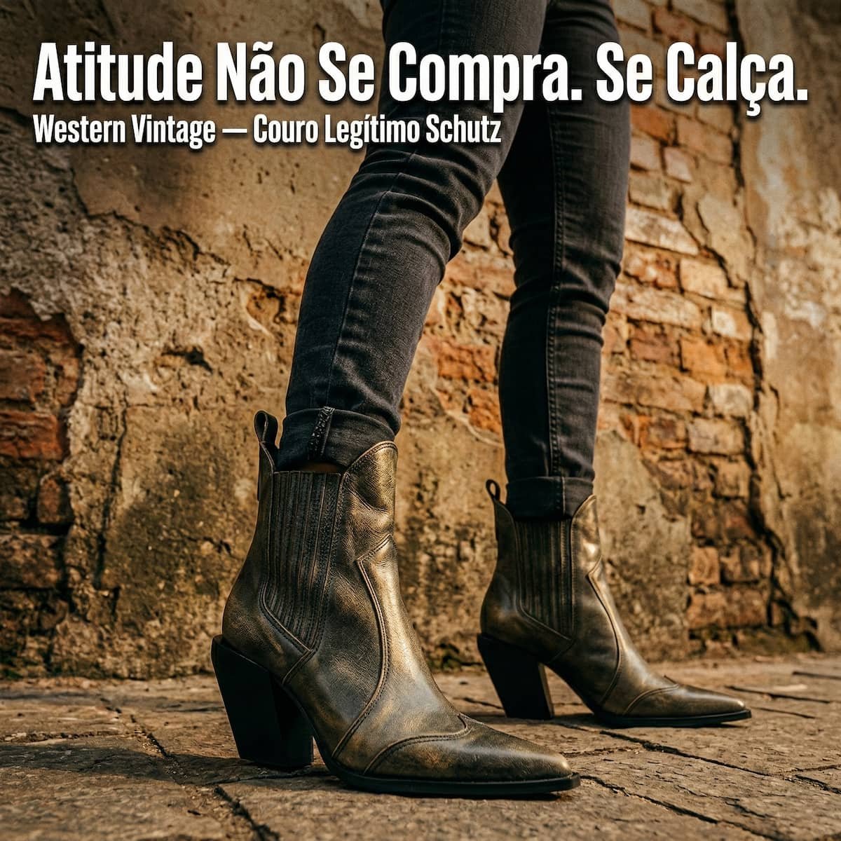 Bota Feminina Schutz Couro Vintage Western Bico Fino S2208400160008 Preto Preto 2