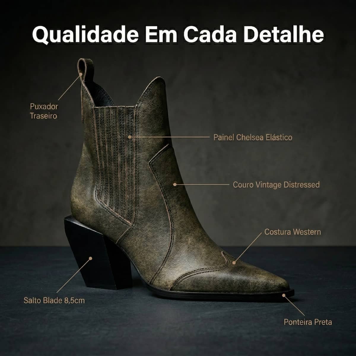 Bota Feminina Schutz Couro Vintage Western Bico Fino S2208400160008 Preto Preto 6