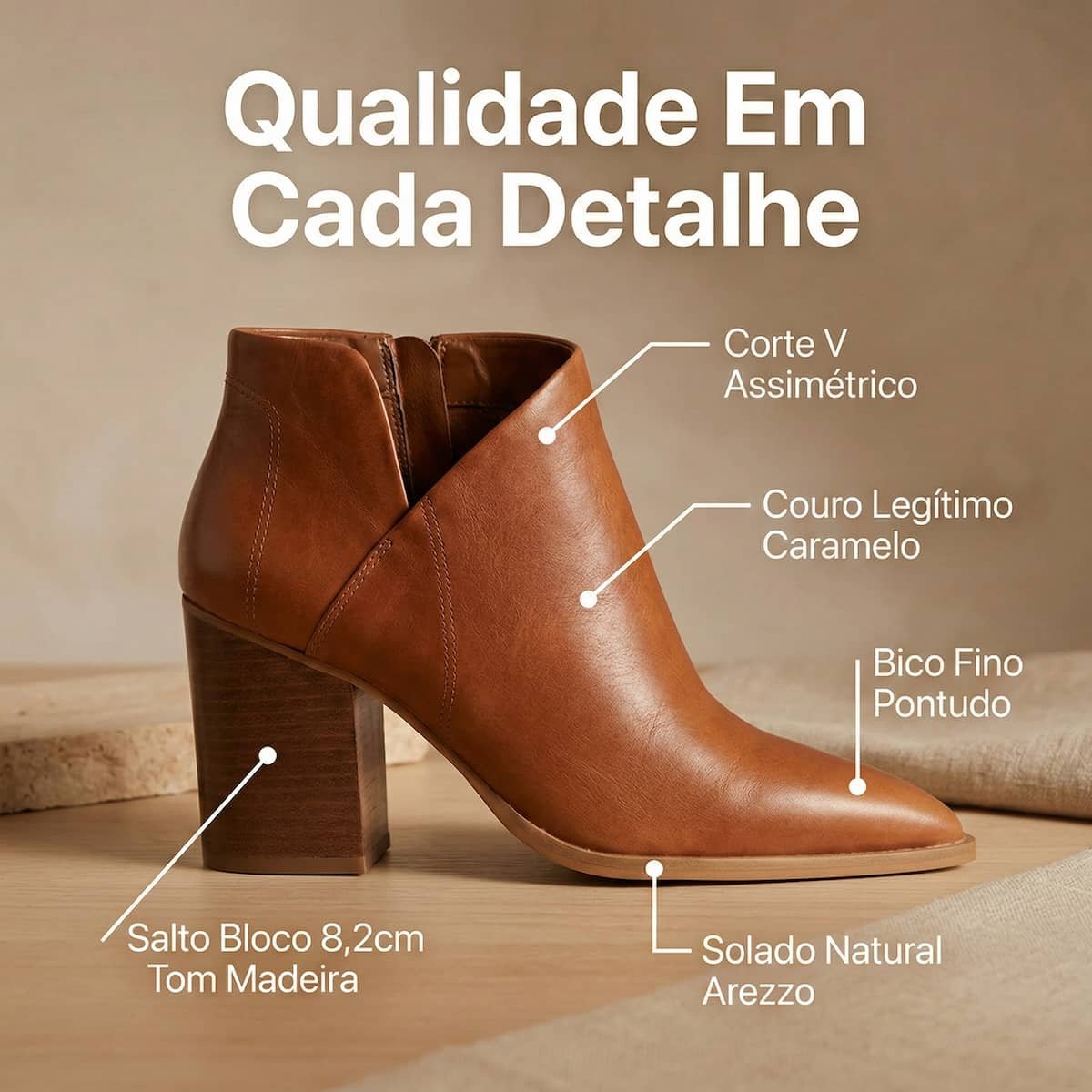 Bota Feminina Arezzo Couro Corte V Salto Grosso A1187900010012 Caramelo Marrom 6