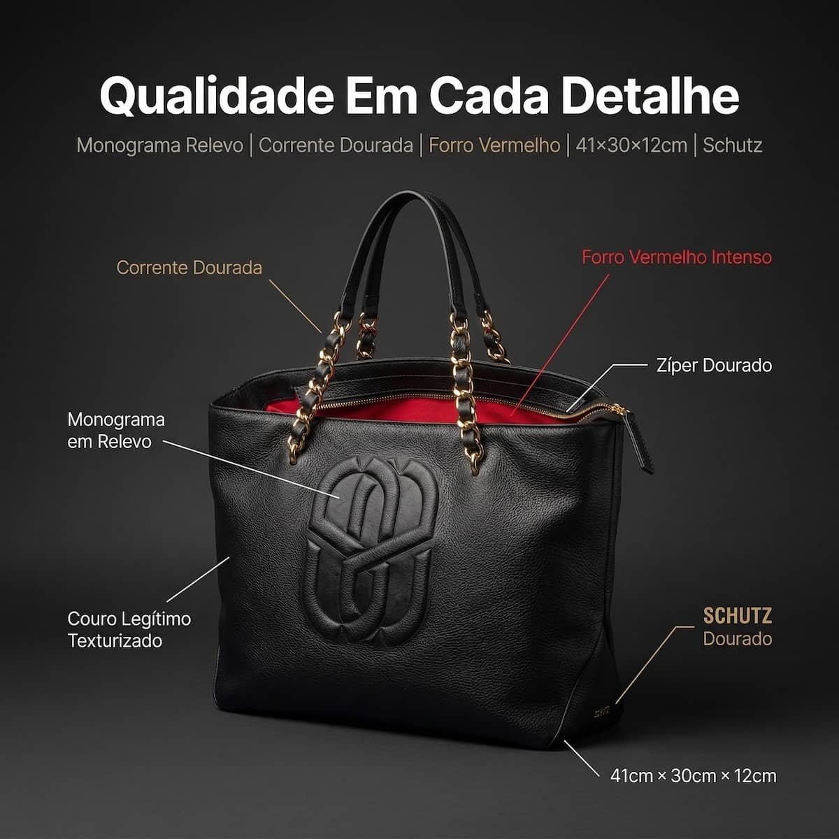 Bolsa Feminina Schutz Shopper Couro Corrente Dourada Monograma S50018320600004 Preto Preto 4
