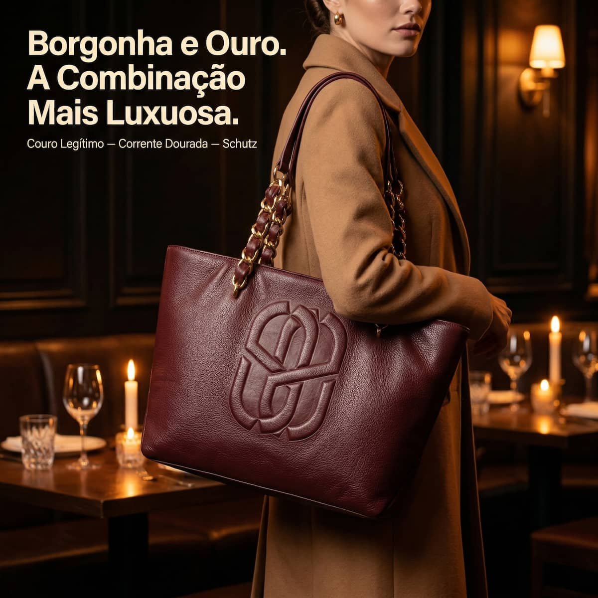 Bolsa Feminina Schutz Shopper Couro Corrente Dourada Monograma S50018320600006 Vinho Vinho 2