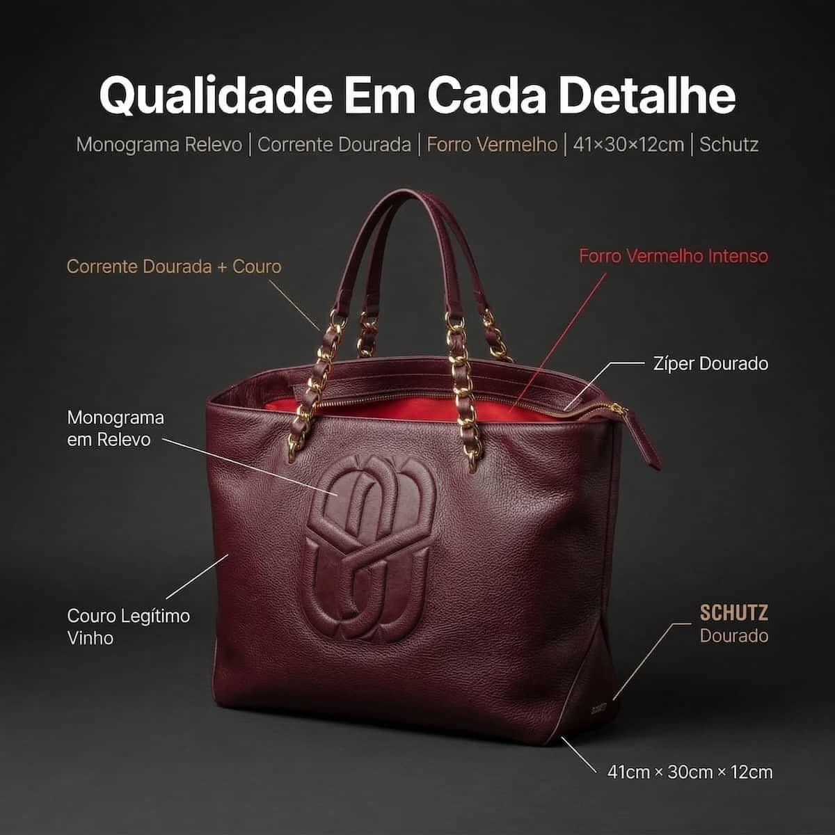Bolsa Feminina Schutz Shopper Couro Corrente Dourada Monograma S50018320600006 Vinho Vinho 5