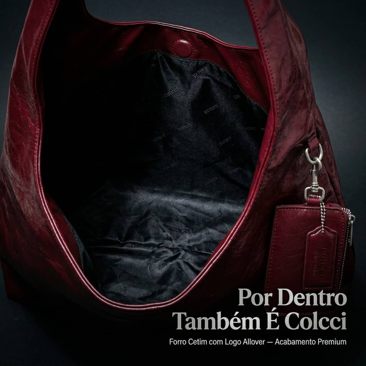 Bolsa Feminina Colcci Hobo Brilhosa Craquelada Grande Charm Removível 090.01.12355.7 Vinho  Vinho 3