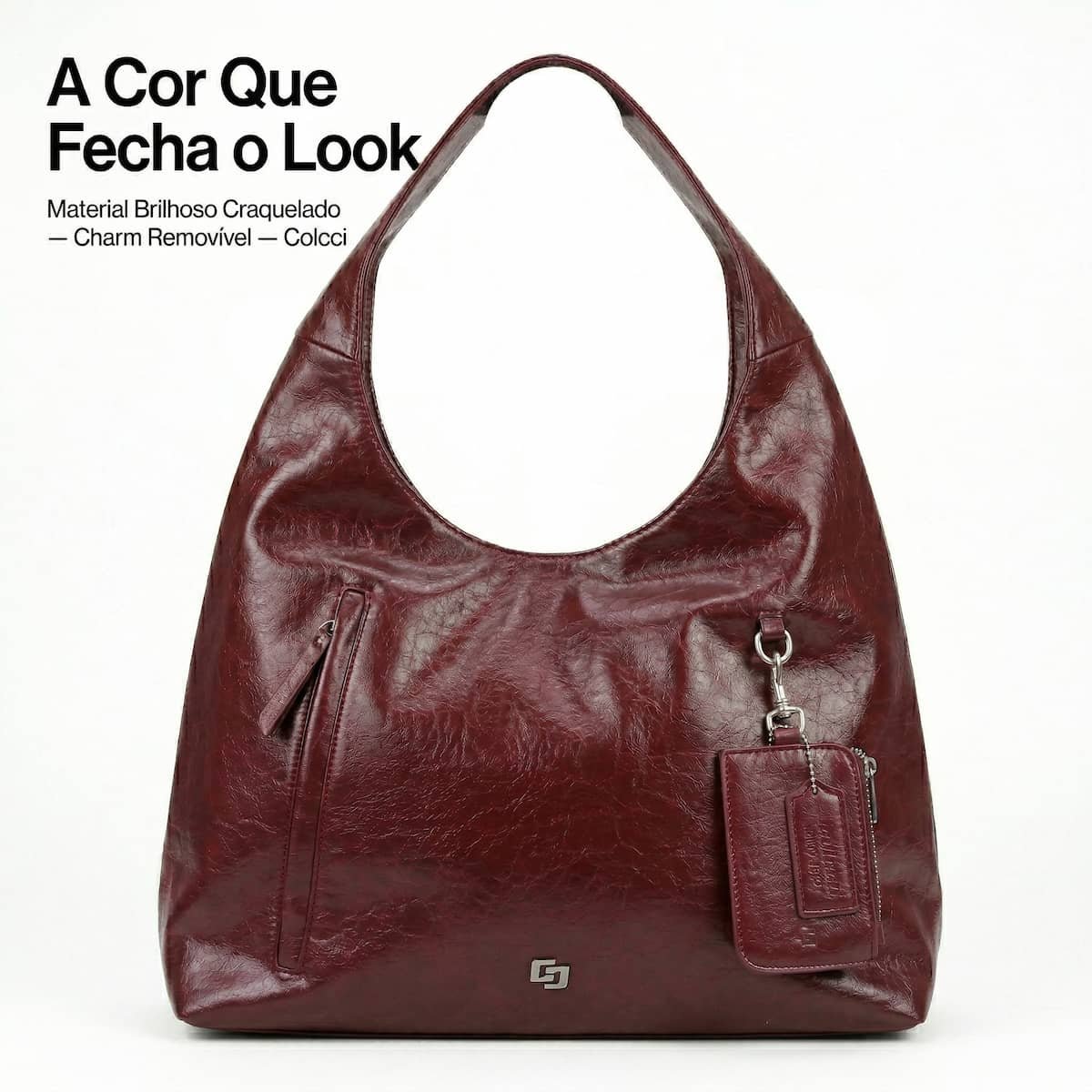 Bolsa Feminina Colcci Hobo Brilhosa Craquelada Grande Charm Removível 090.01.12355.7 Vinho  Vinho 6