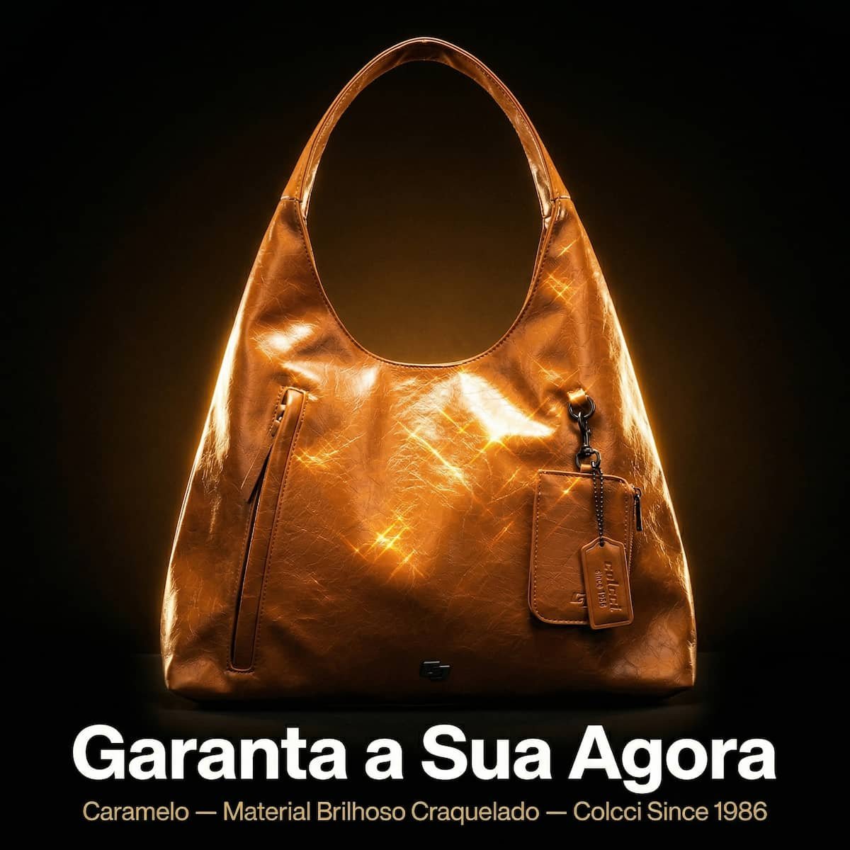 Bolsa Feminina Colcci Hobo Brilhosa Craquelada Grande Charm Removível 090.01.12355.19 Caramelo Caramelo 3