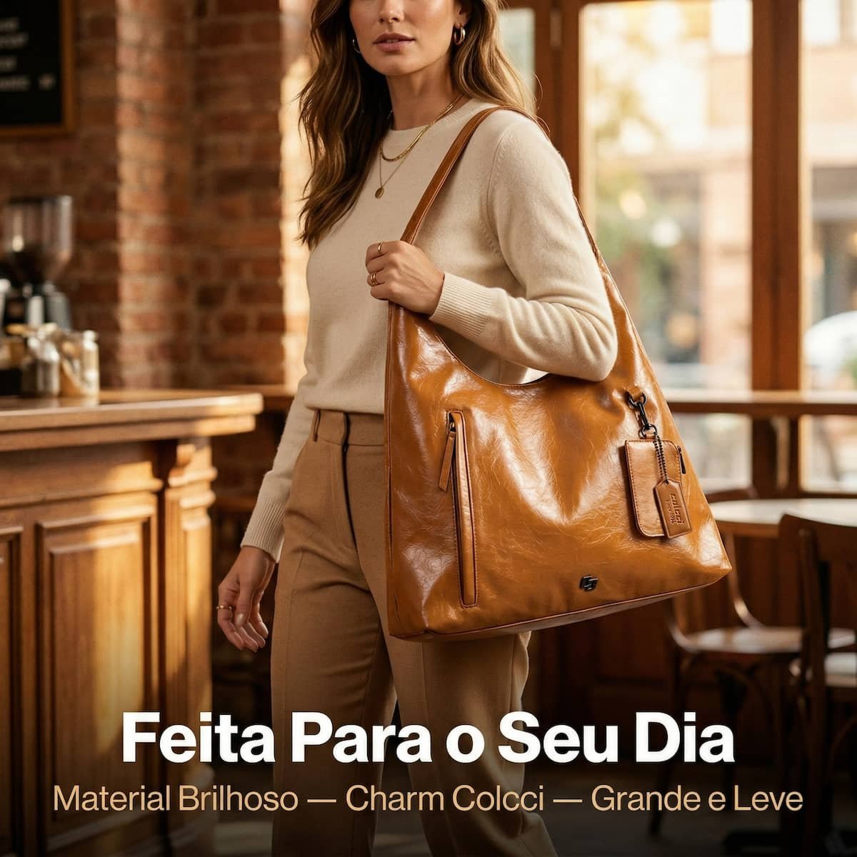 Bolsa Feminina Colcci Hobo Brilhosa Craquelada Grande Charm Removível 090.01.12355.19 Caramelo Caramelo 5