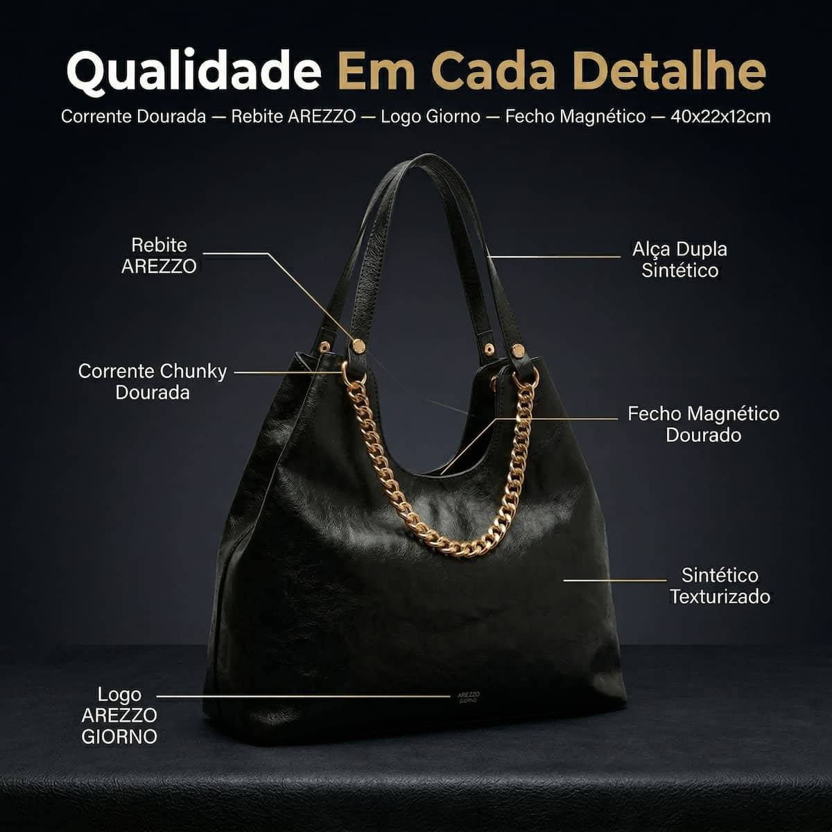 Bolsa Feminina Arezzo Giorno Grande Corrente Ouro A5002309550004 Preto Preto 5
