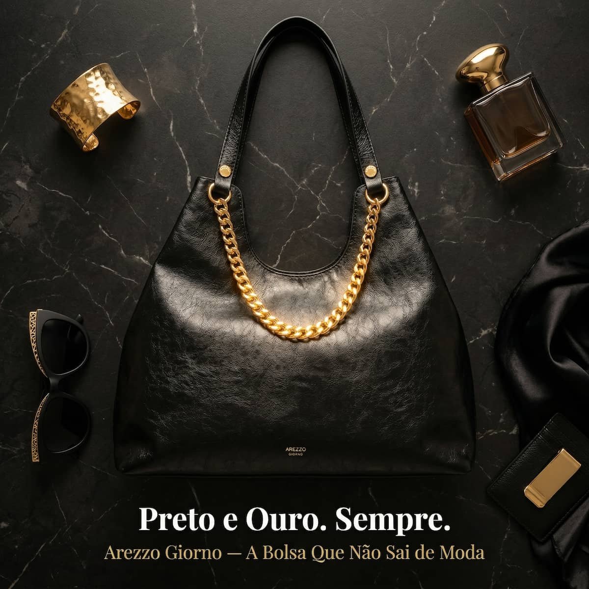 Bolsa Feminina Arezzo Giorno Grande Corrente Ouro A5002309550004 Preto Preto 6