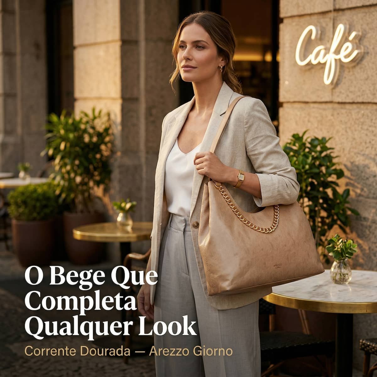 Bolsa Feminina Arezzo Giorno Grande Corrente Ouro A5002309550001 Bege Bege 5