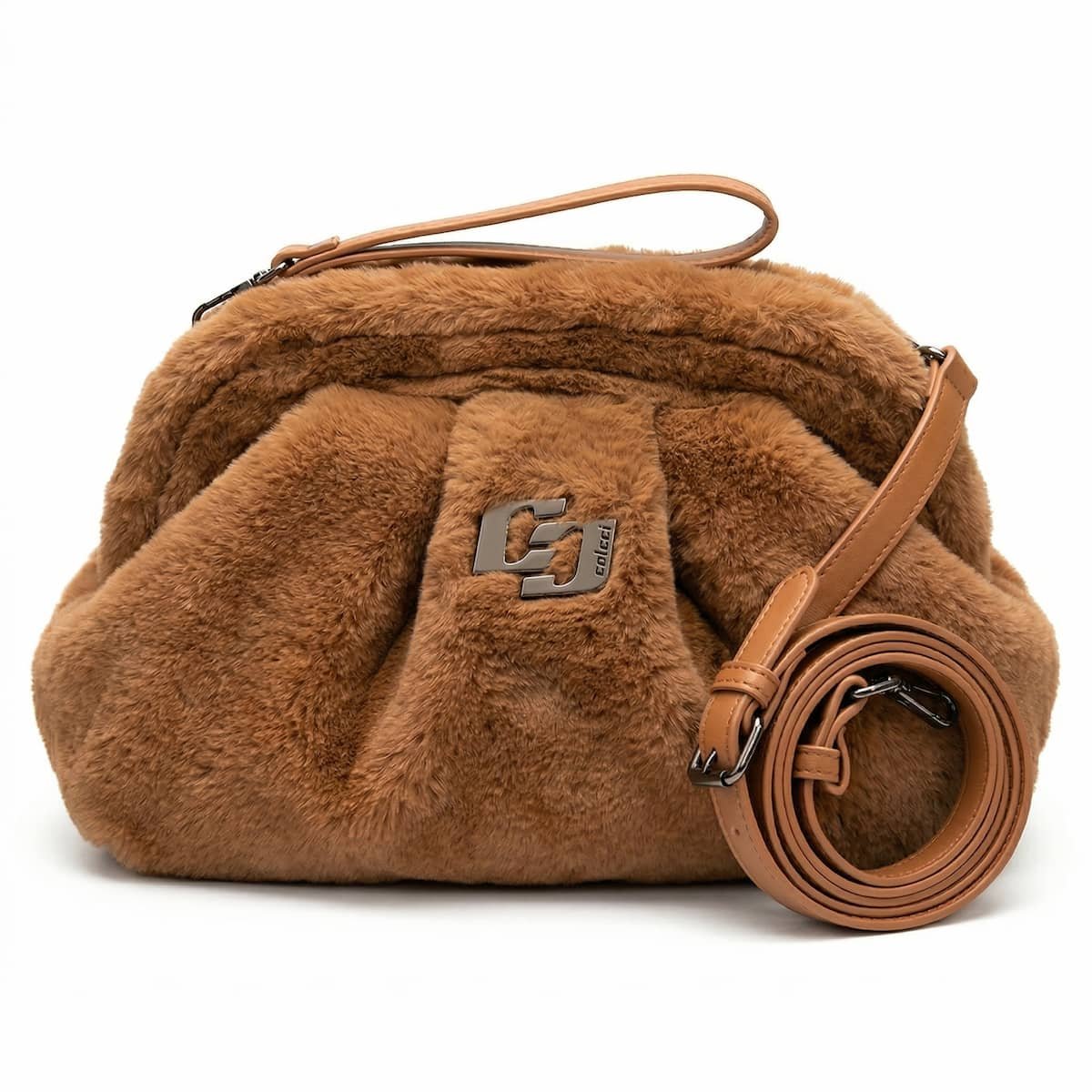 Bolsa Feminina Colcci Pelúcia Média Faux Fur Alça Transversal 090.01.12170.19 Caramelo