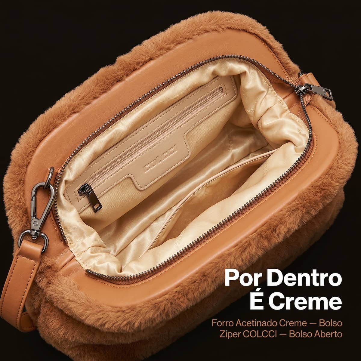 Bolsa Feminina Colcci Pelúcia Média Faux Fur Alça Transversal 090.01.12170.19 Caramelo Marrom 3
